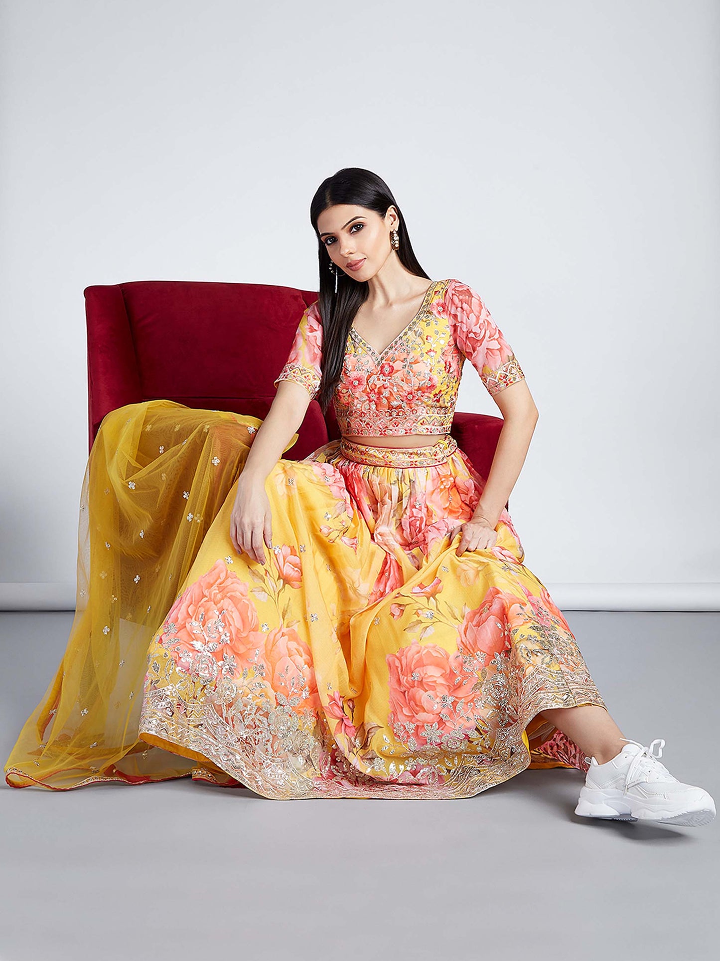 Yellow colour Organza Floral design digital print Lehenga choli