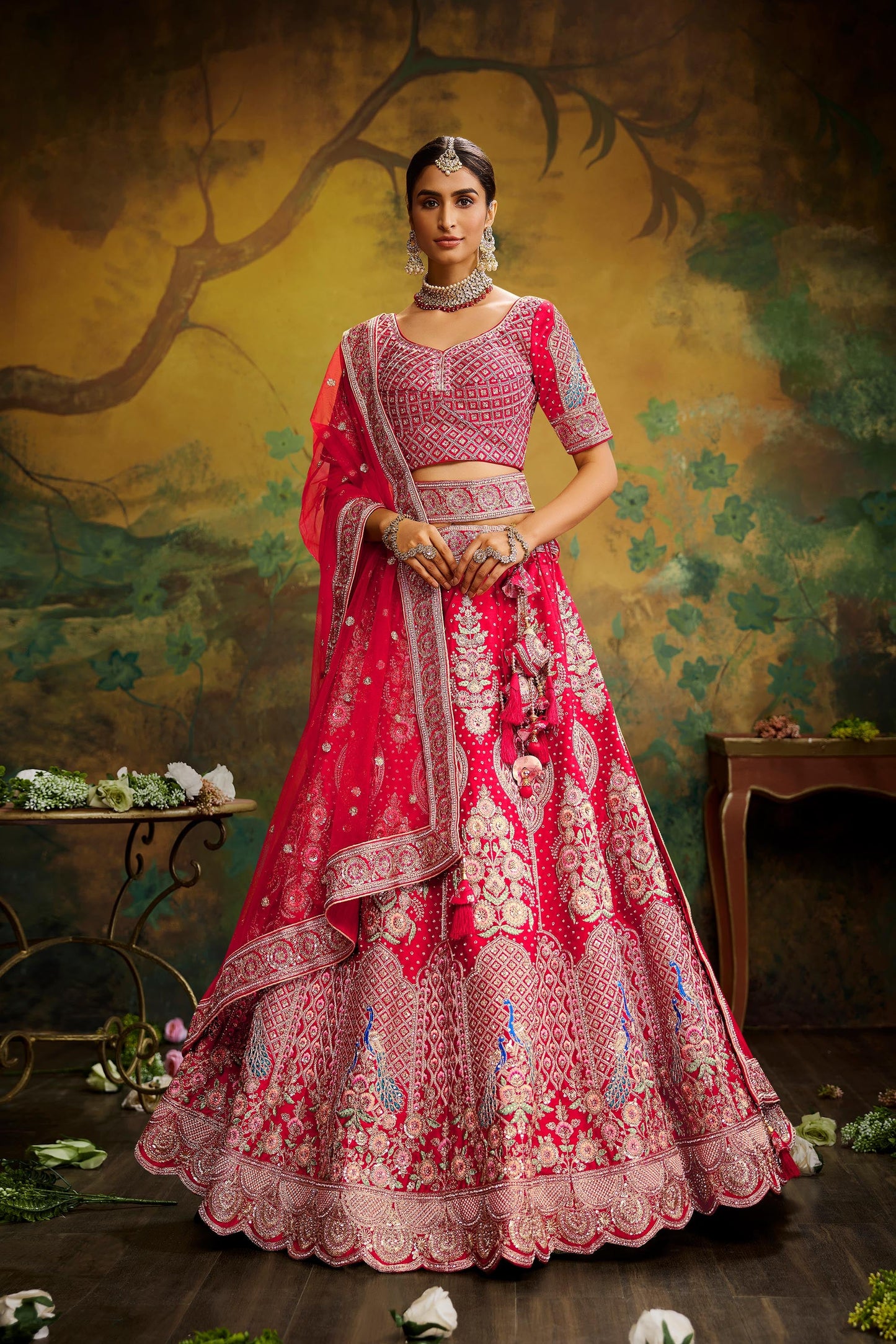 Red Pure Silk Moti & Zarkan heavy embroidery Lehenga