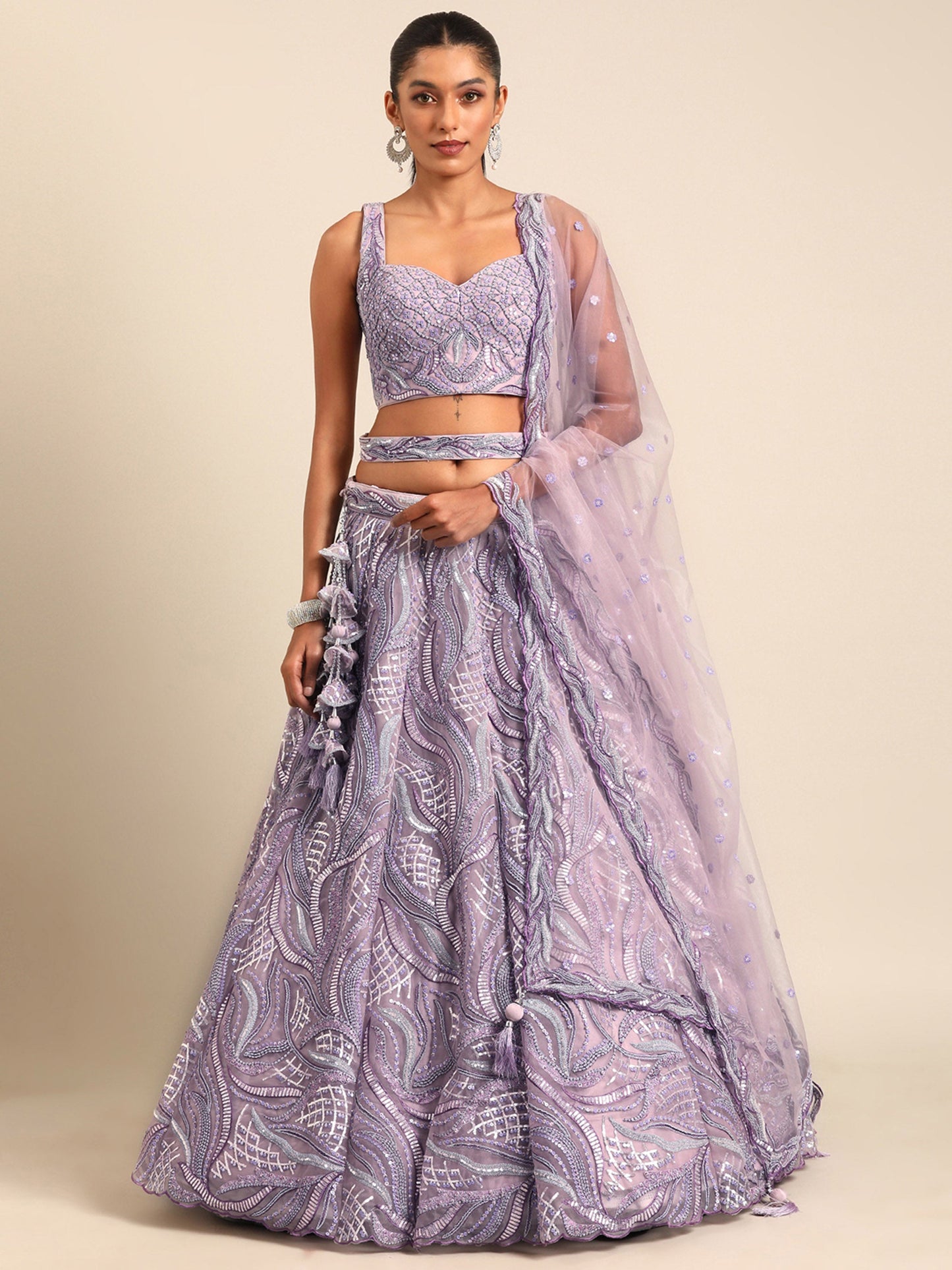 Lavender Net Sequins and Zarkan embroidery Lehenga