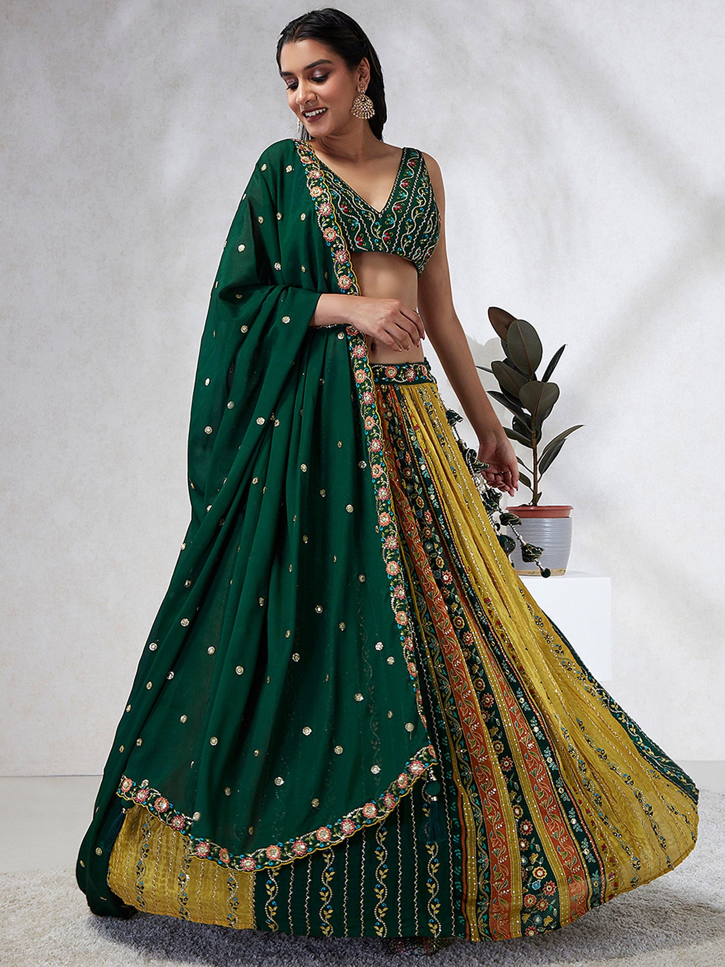 Green Chiffon Position print with Sequins embroidery Lehenga