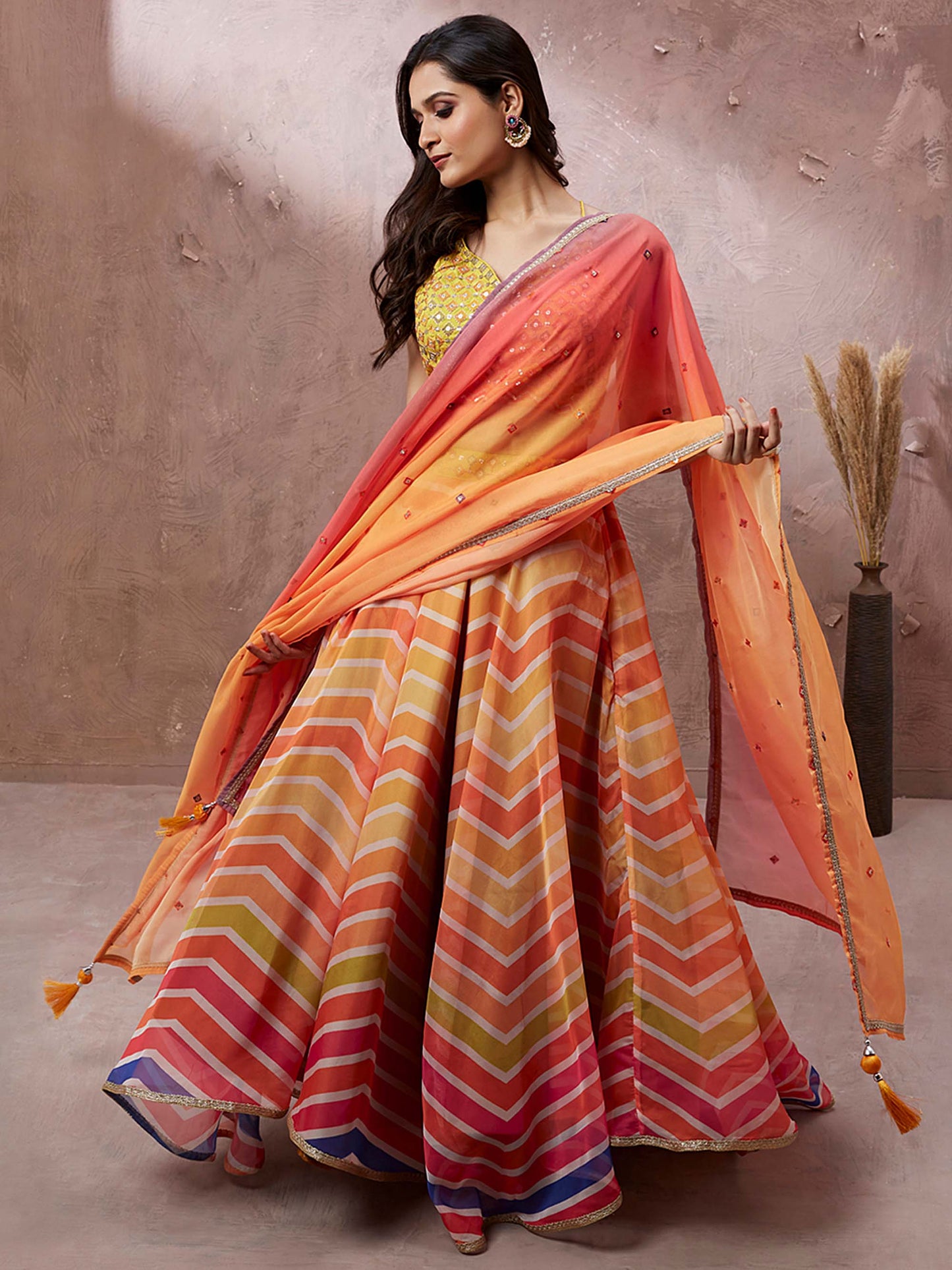 Yellow Organza Leheriya Printed Lehenga choli