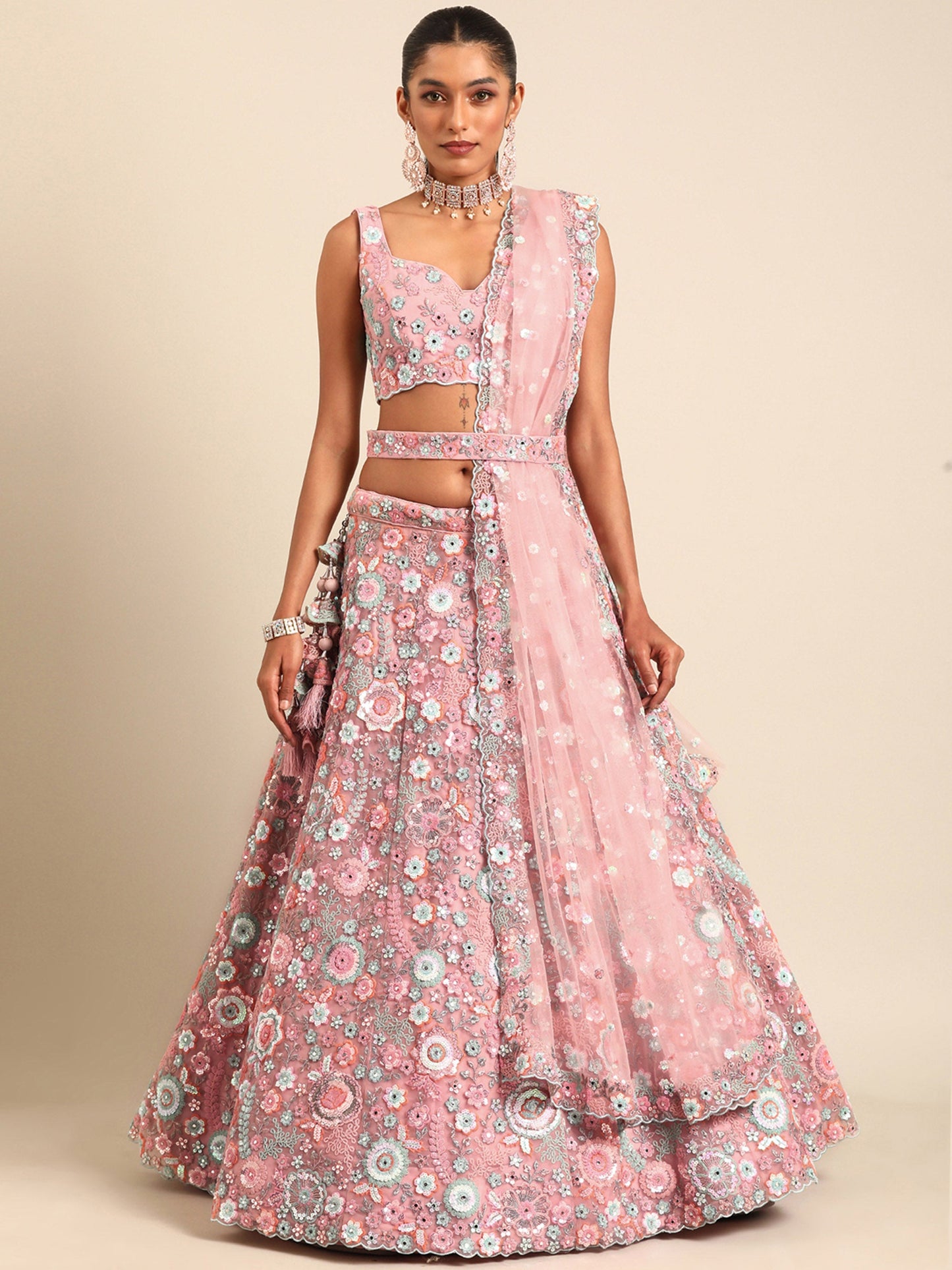Pink Net Sequins, Mirror and thread embroidery Lehenga