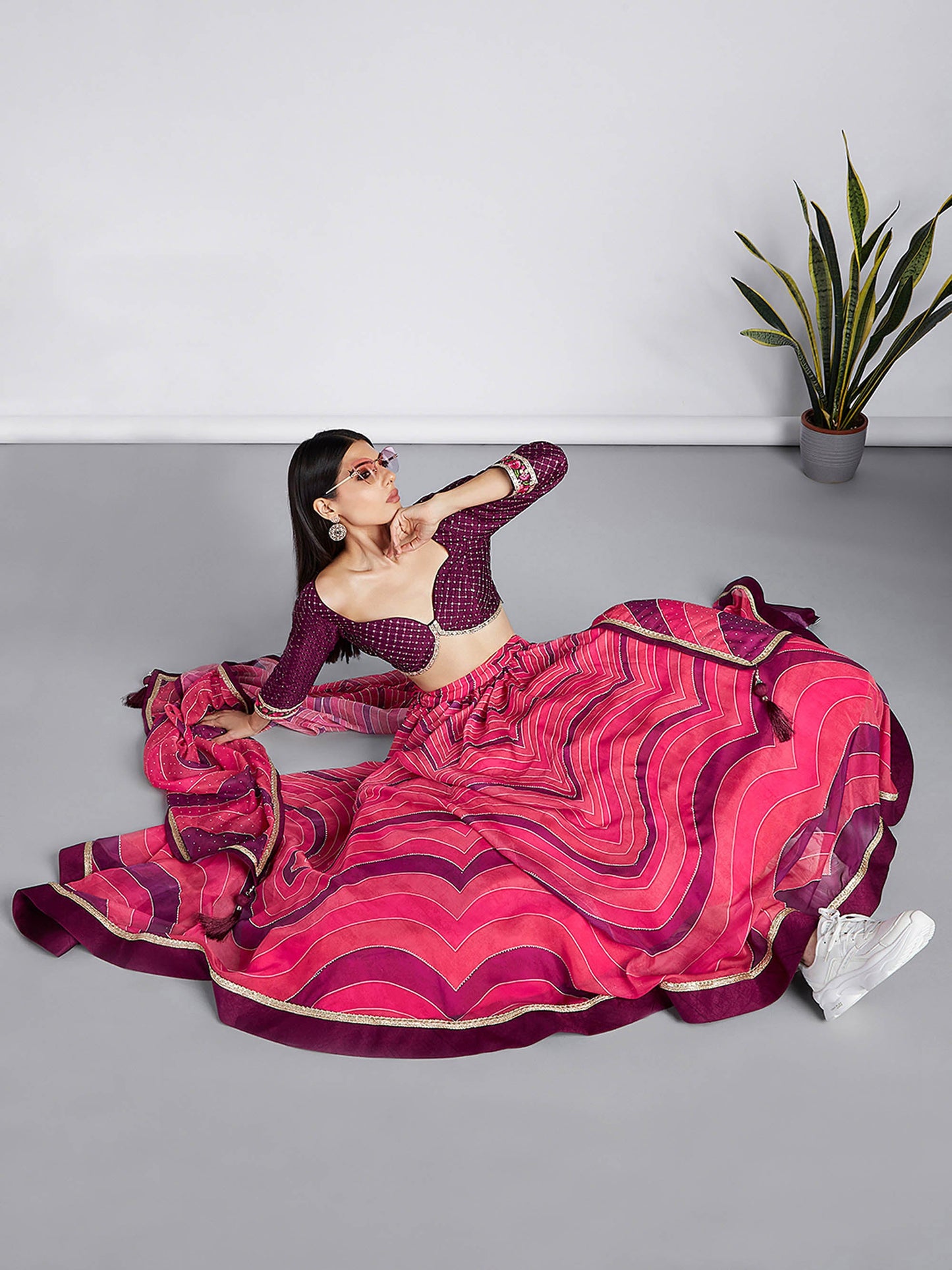 Rose Organza siroski stone work Leheriya print Lehenga