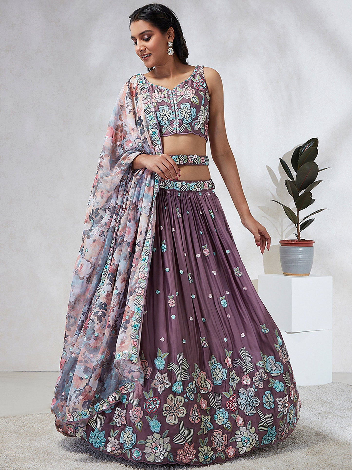 Dark Lavender Georgette Sequins and thread embroidery Lehenga