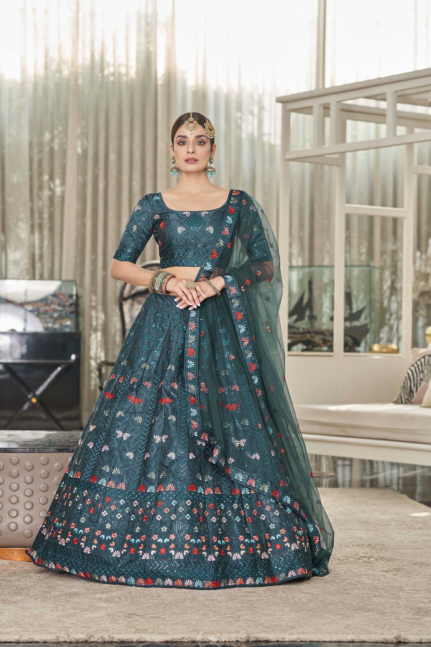 Marvelous Teal Green Color Artsilk Lehenga