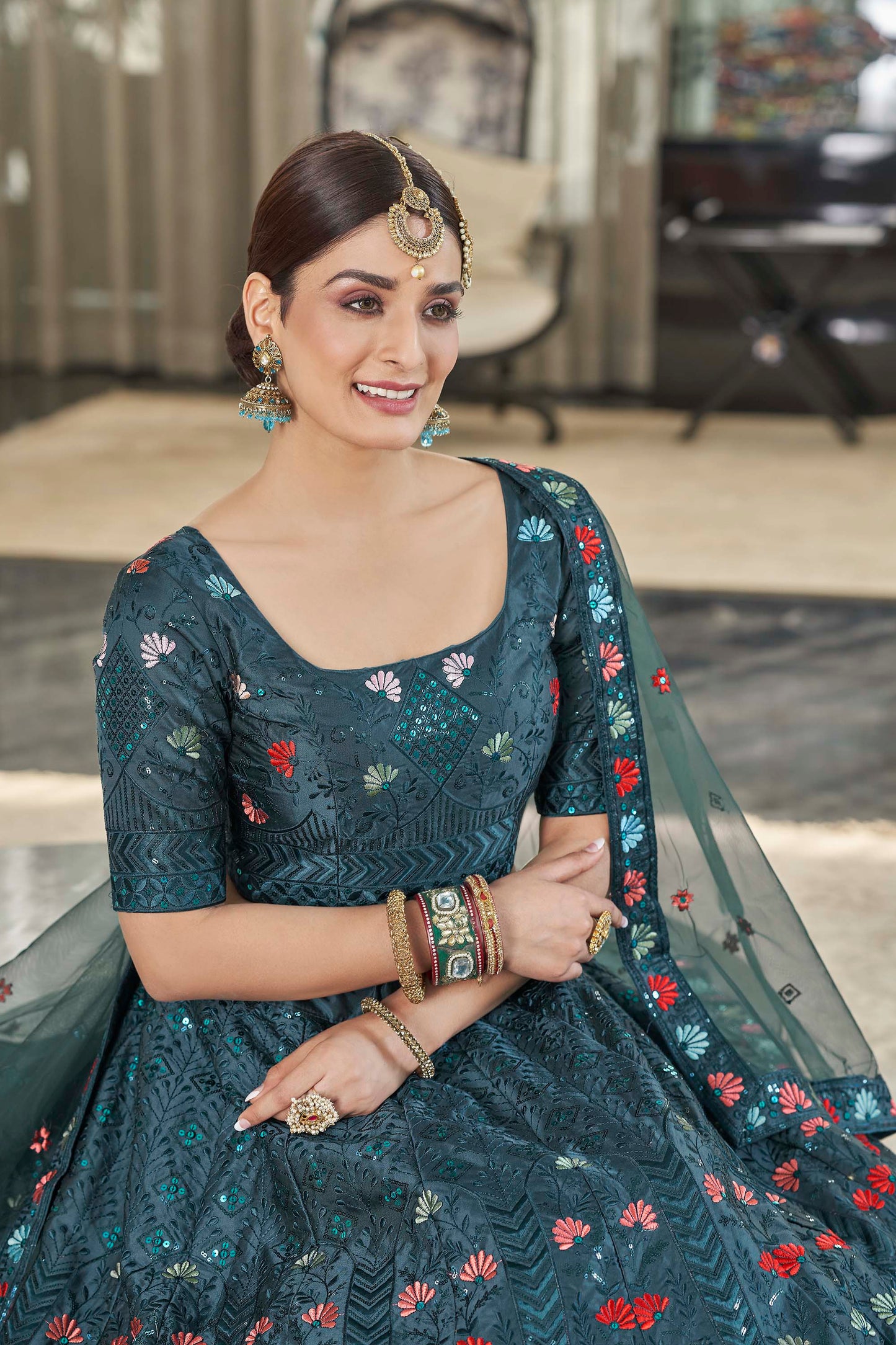 Marvelous Teal Green Color Artsilk Lehenga