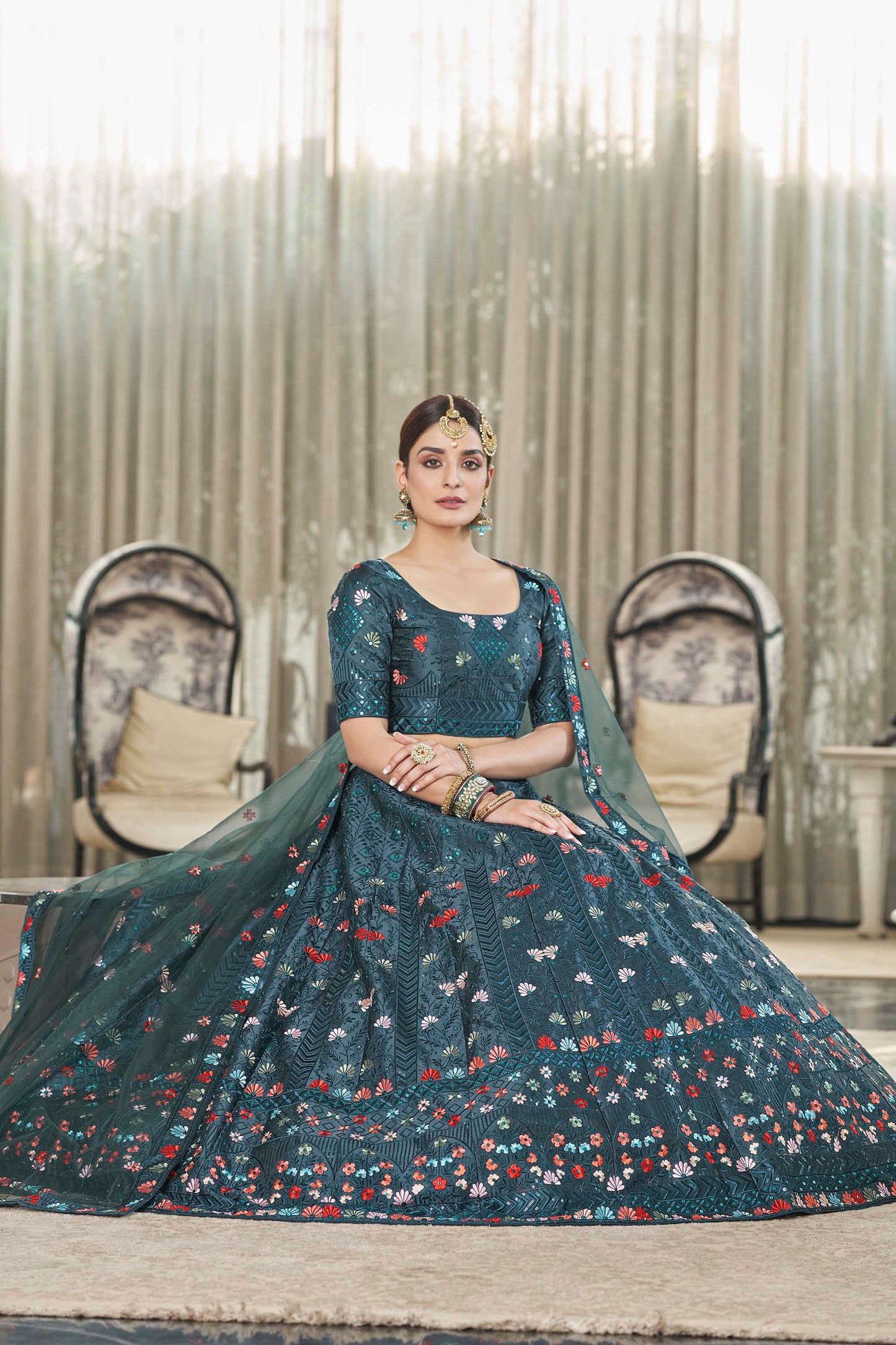 Marvelous Teal Green Color Artsilk Lehenga
