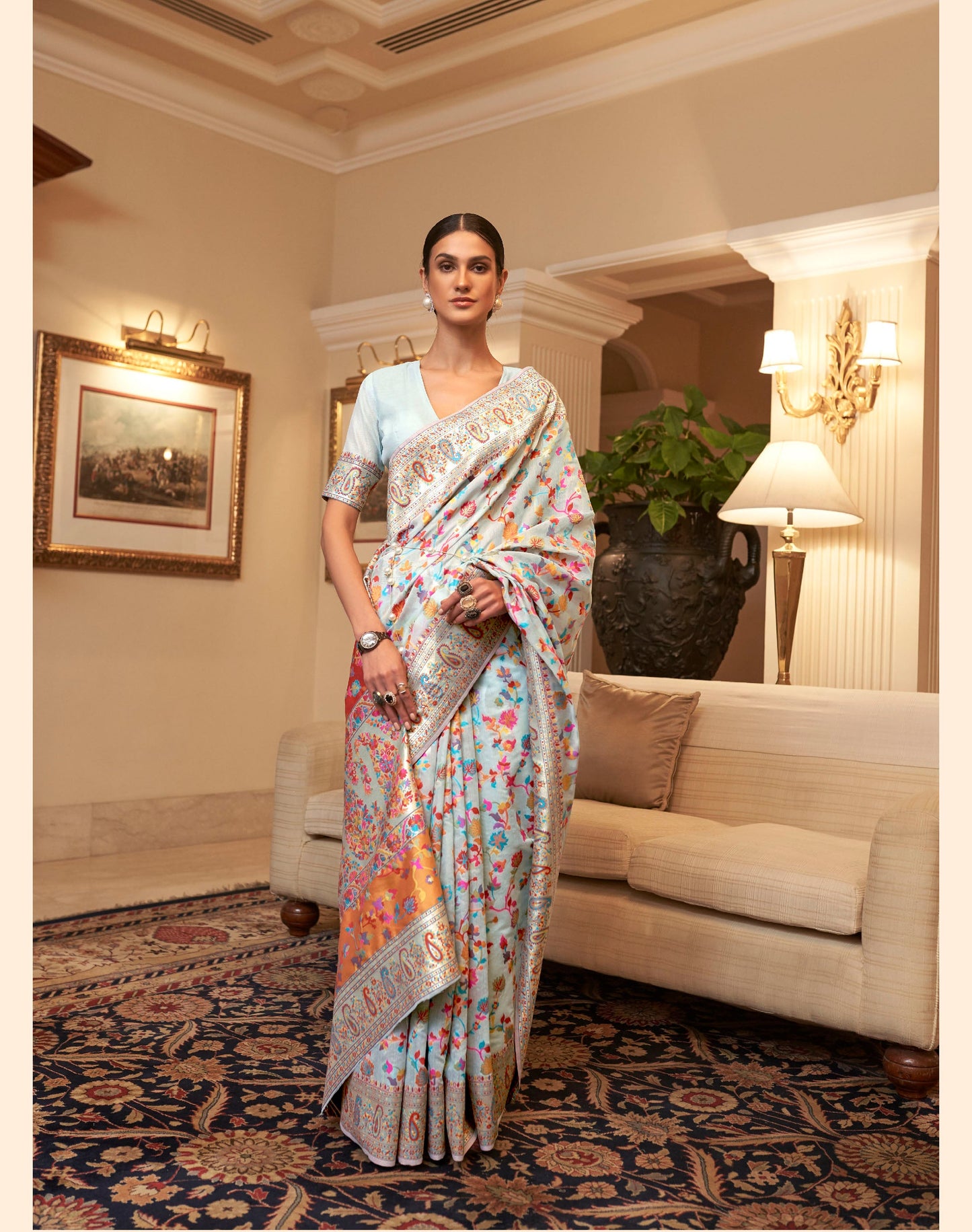 Sky Blue Kashmiri Silk Woven Saree