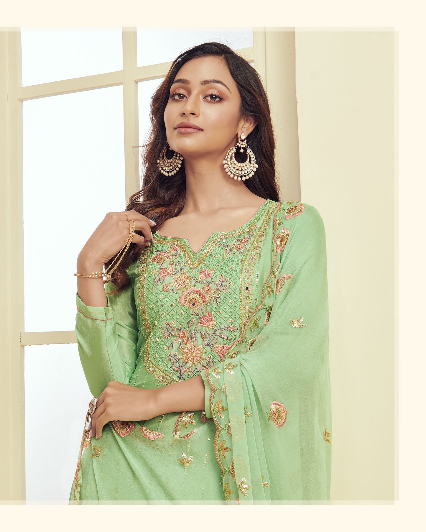 Light Green Spring Embroidery Georgette Festive Kurta Set