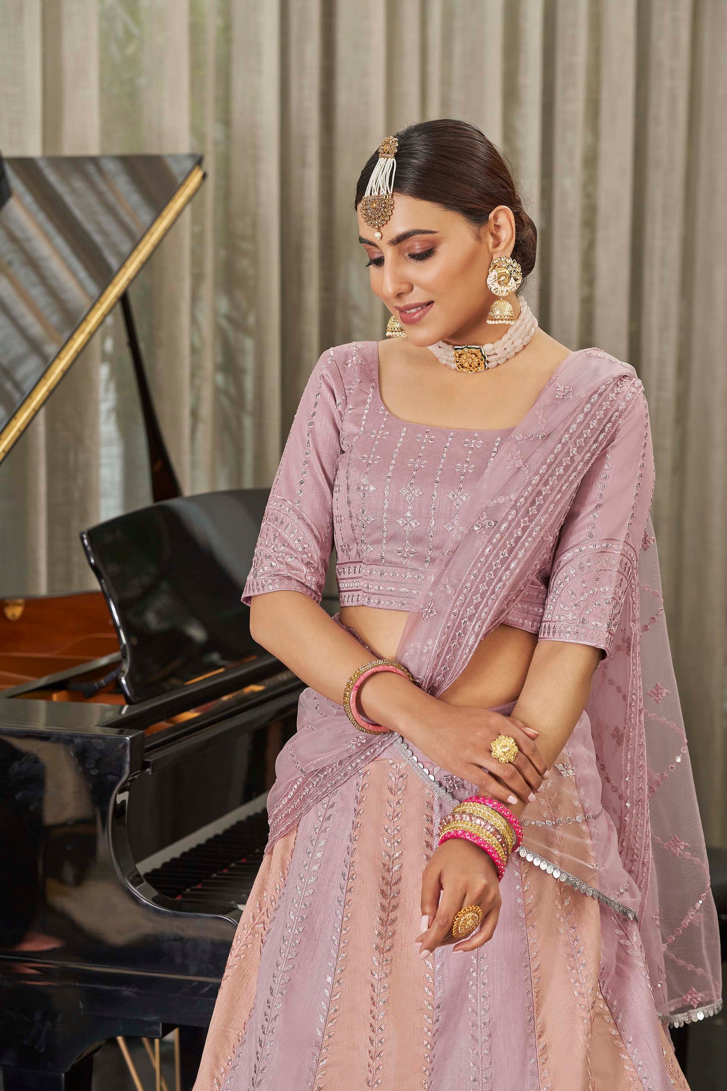 Peach Sequins Work Wedding Guest Lehenga 2013