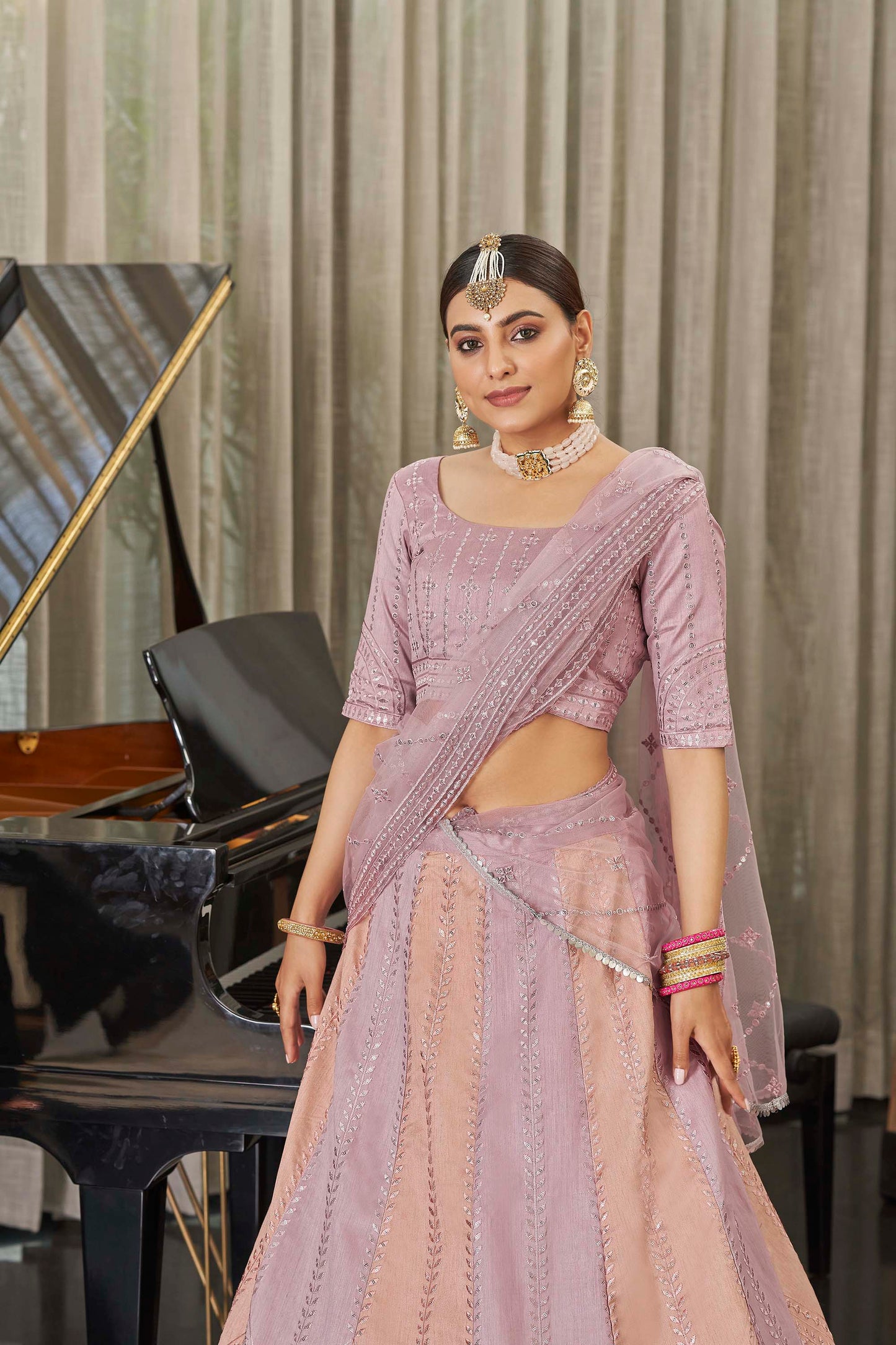 Peach Sequins Work Wedding Guest Lehenga 2013