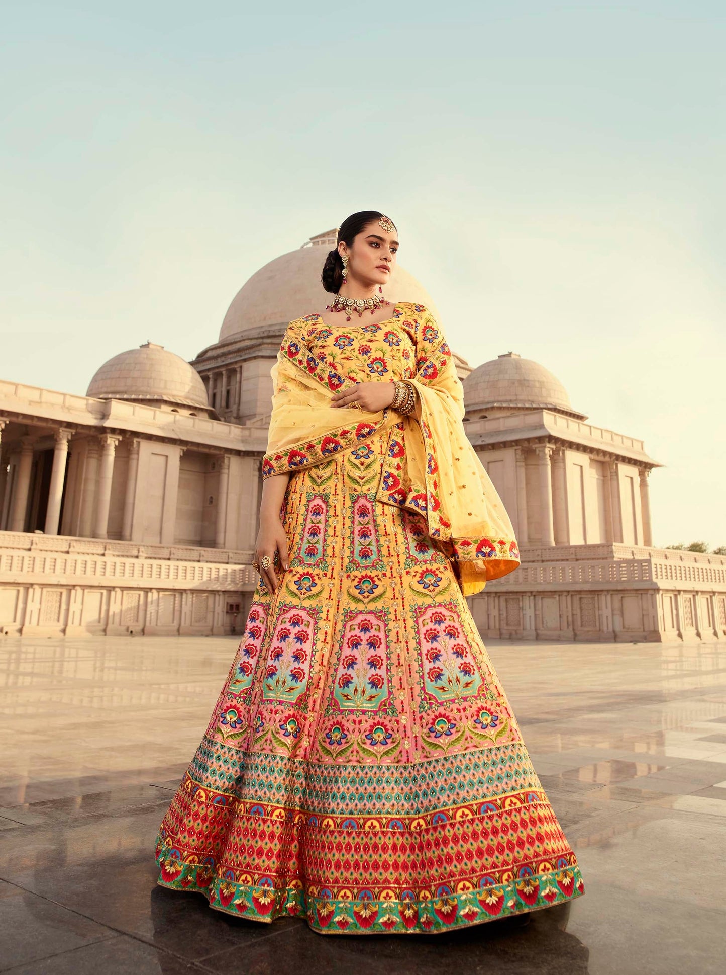 Digital Printed Yellow Art Silk Lehenga
