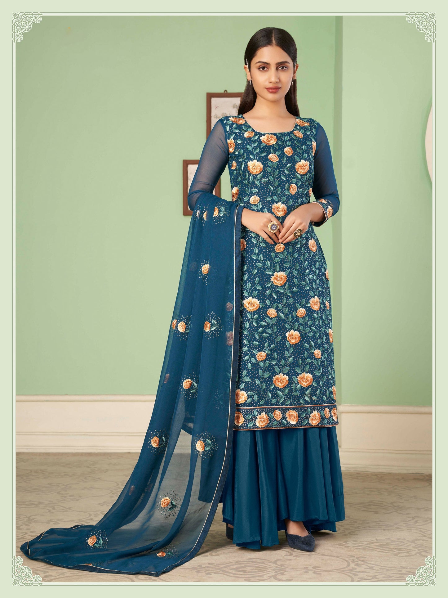 Blue Thread Embroidered Straight Cut Sangeet Sharara