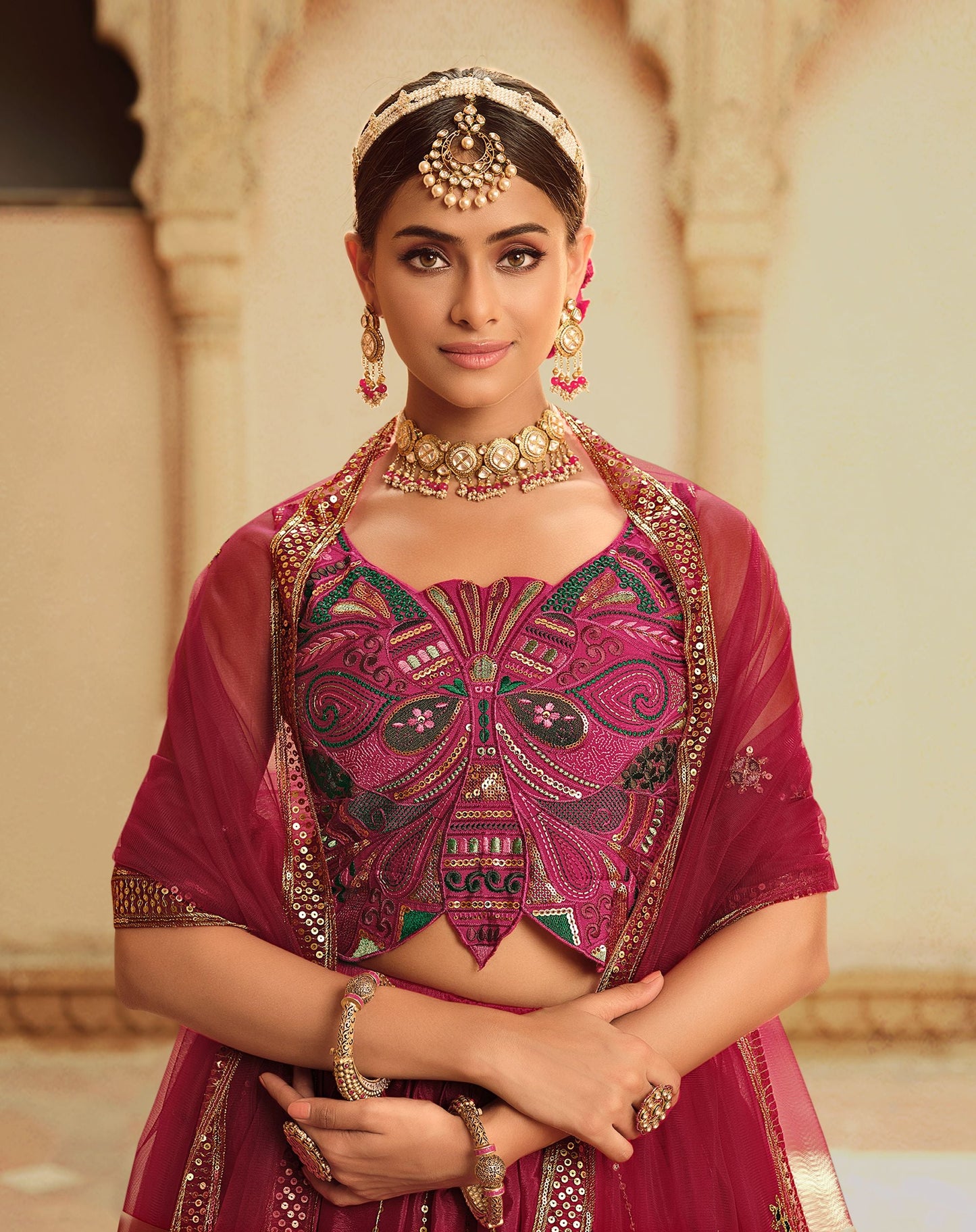 Dark Pink Color Sequins Work Lehenga for Mehendi 2164