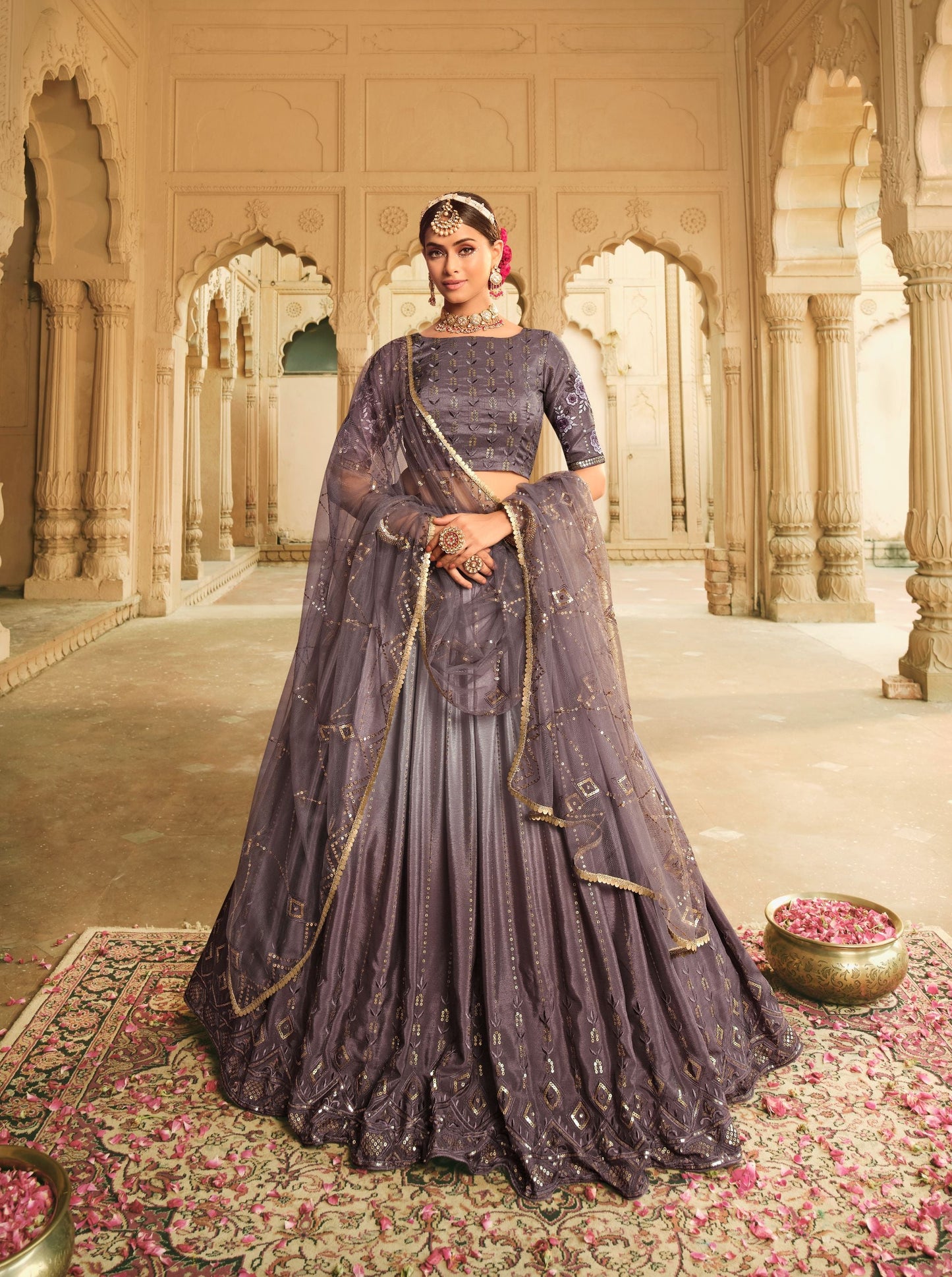 Purple Sequins Work Silk Wedding Guest Lehenga 2165