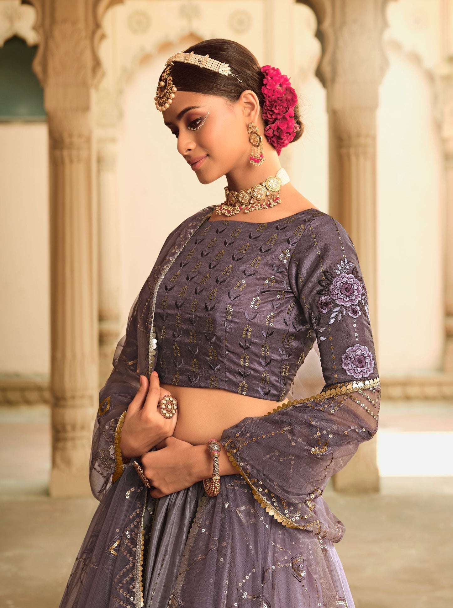 Purple Sequins Work Silk Wedding Guest Lehenga 2165