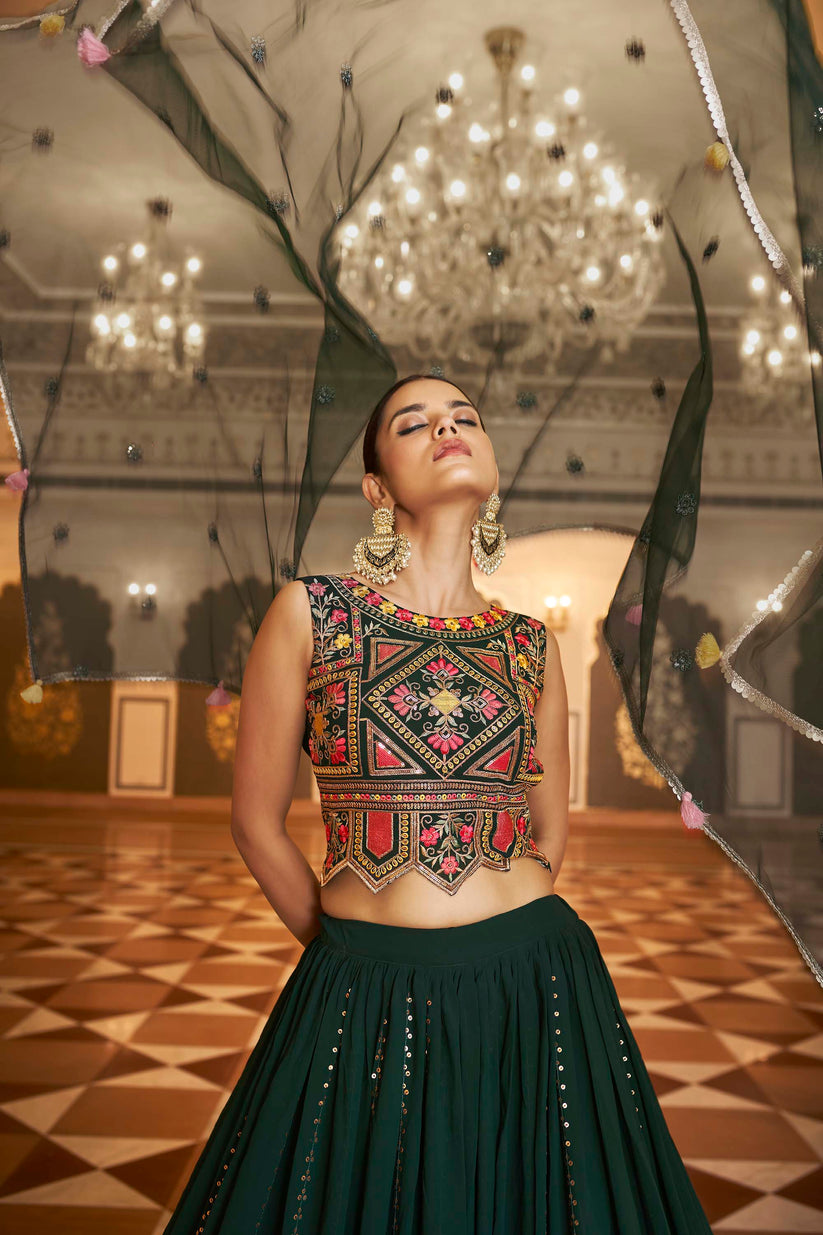 Bollywood Dark Green Lehenga Choli For Rent