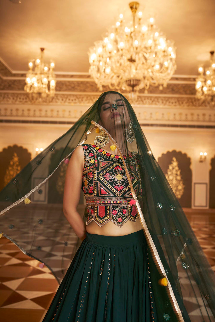 Bollywood Dark Green Lehenga Choli For Rent