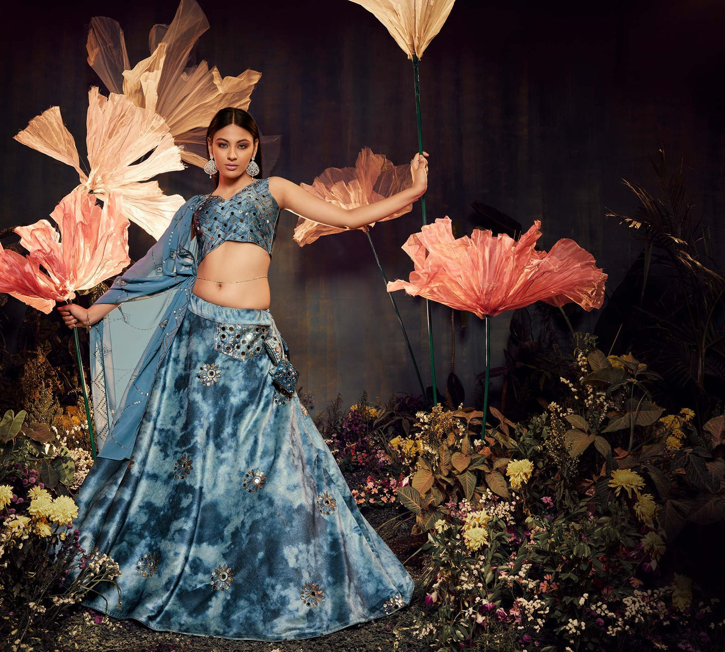 Sky Blue Velvet Sequence Work Lehenga for Cocktail
