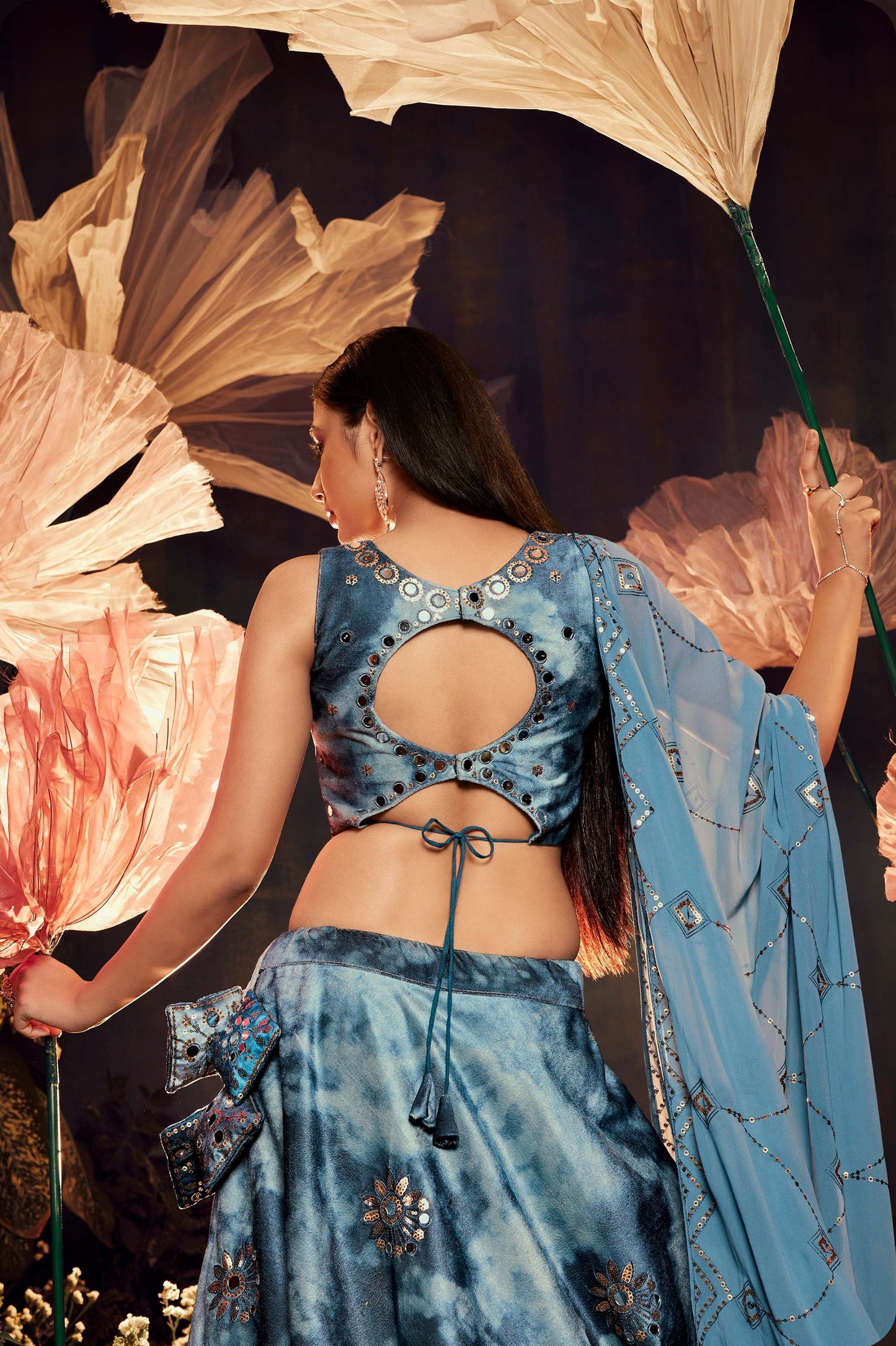 Sky Blue Velvet Sequence Work Lehenga for Cocktail