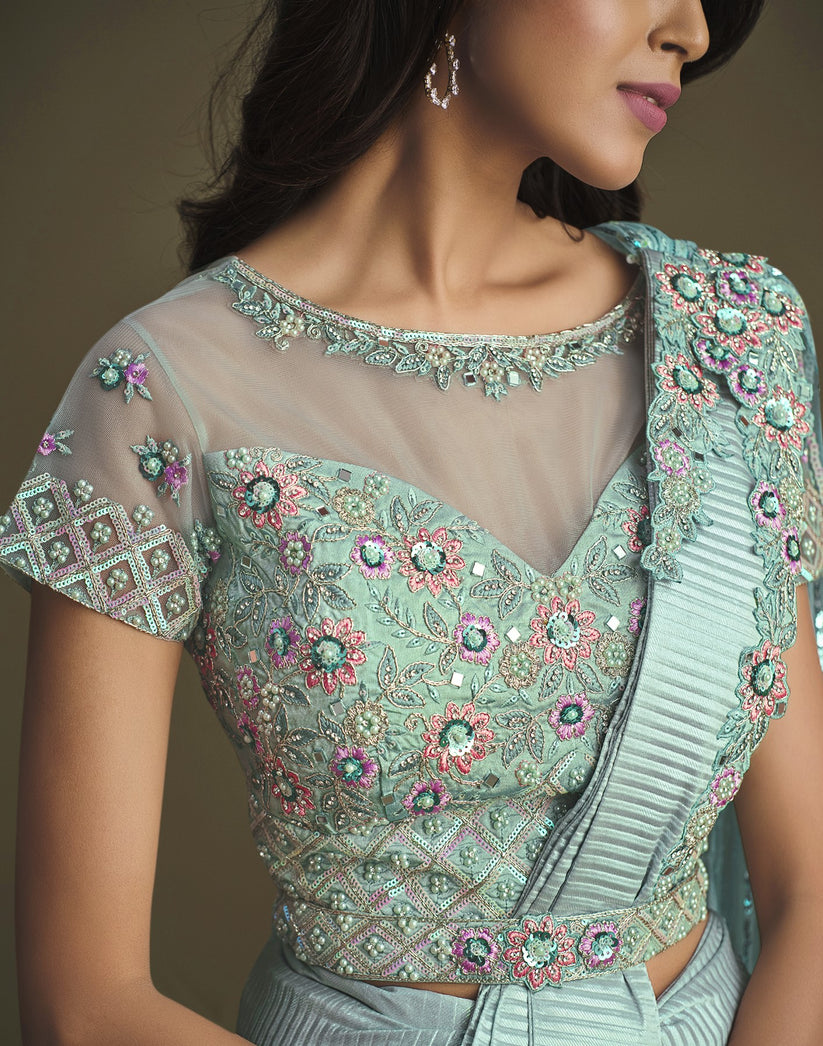 Aqua Blue Sequins Work Crepe Silk Partywear Saree for rent