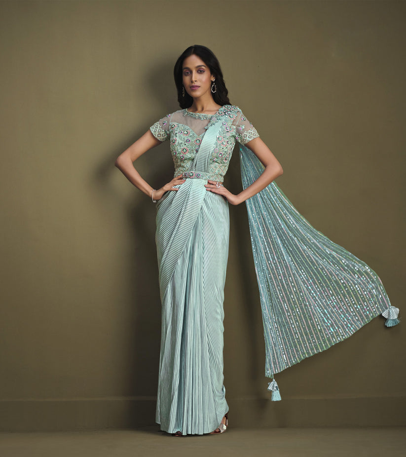 Aqua Blue Sequins Work Crepe Silk Partywear Saree for rent