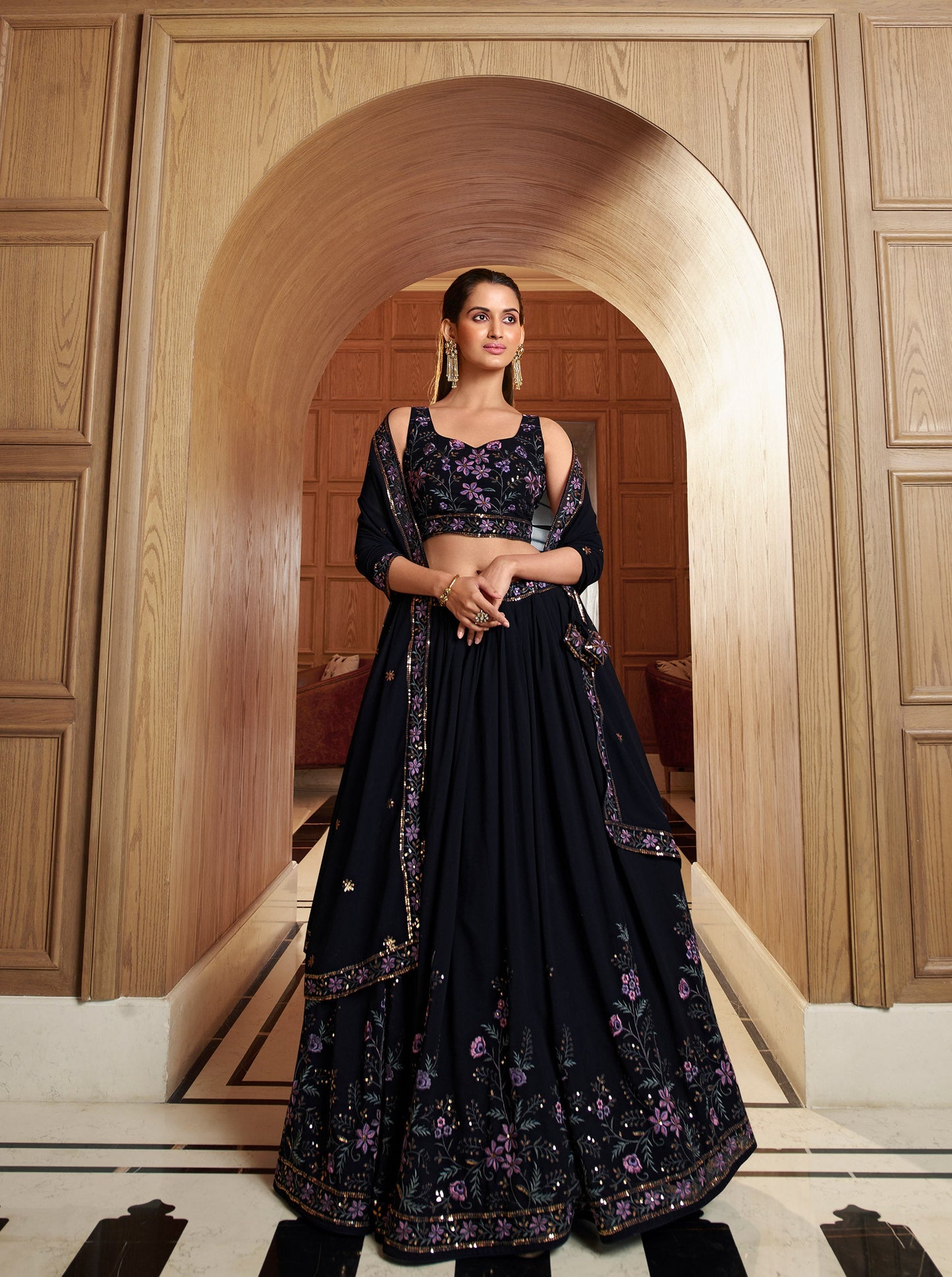 Navy Blue Sequins and Mirror Work Georgette Bridesmaid Lehenga