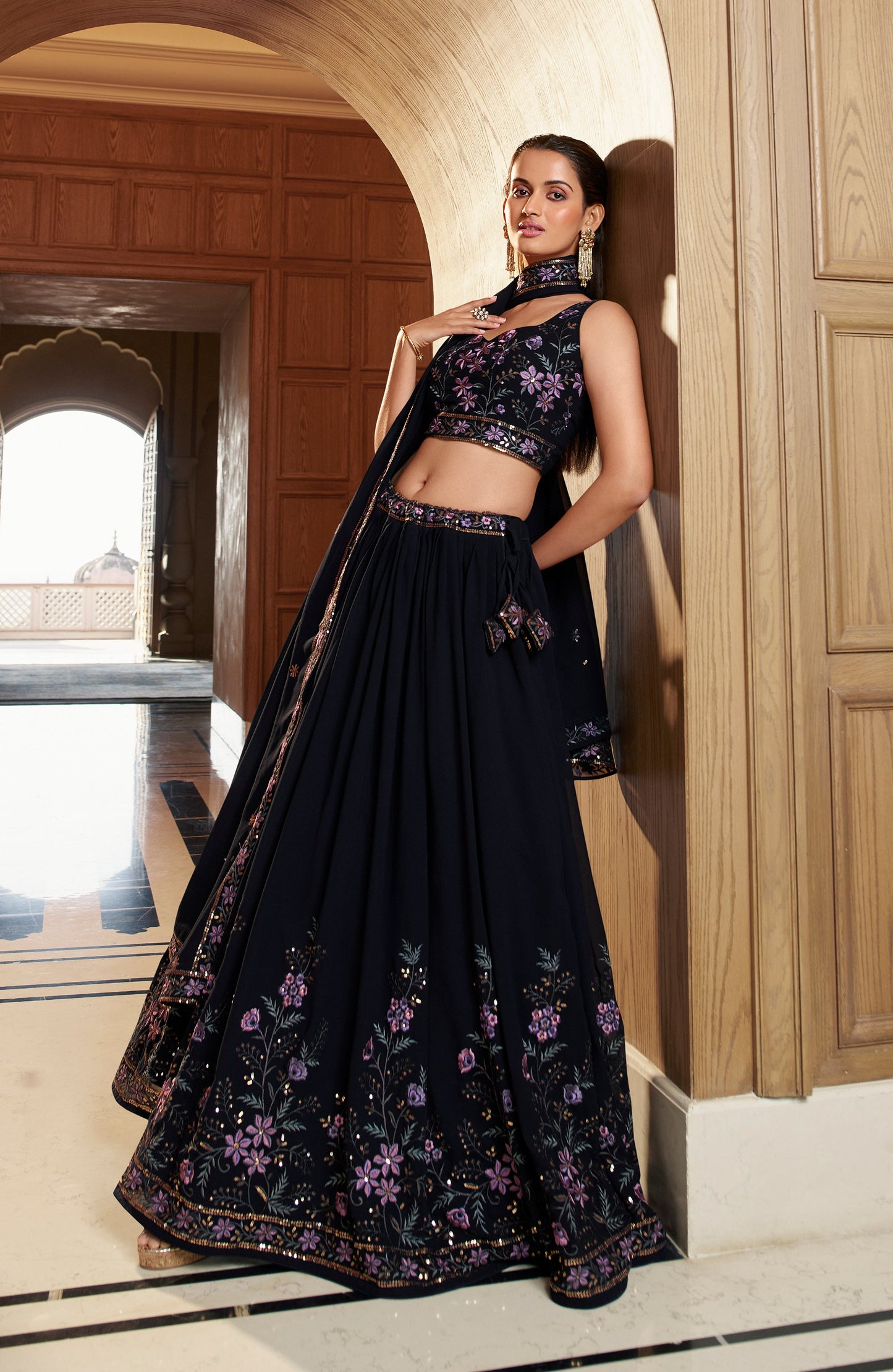 Navy Blue Sequins and Mirror Work Georgette Bridesmaid Lehenga