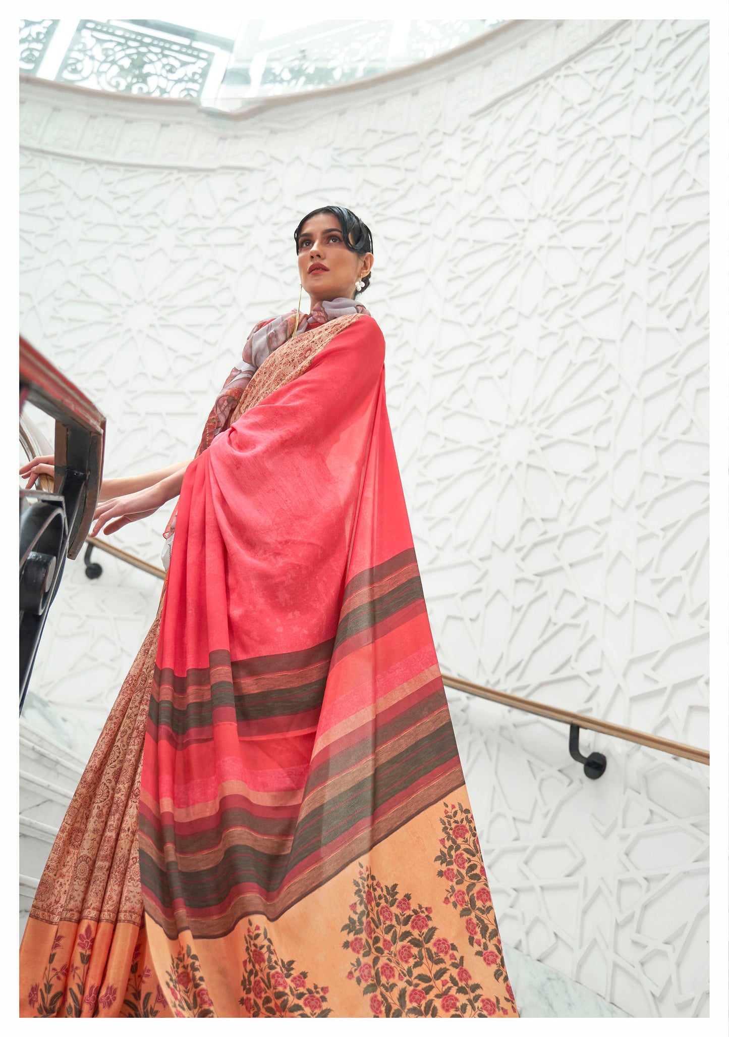 Peach Digital Print Crepe Silk Saree