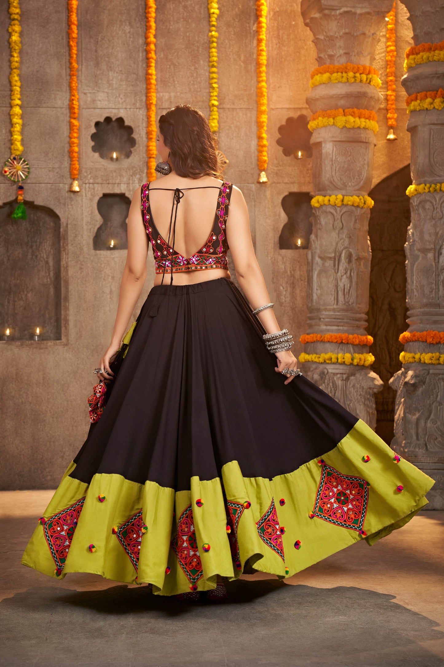 Black Mirror Work Viscose Rayon with Green Border Navaratri Lehenga