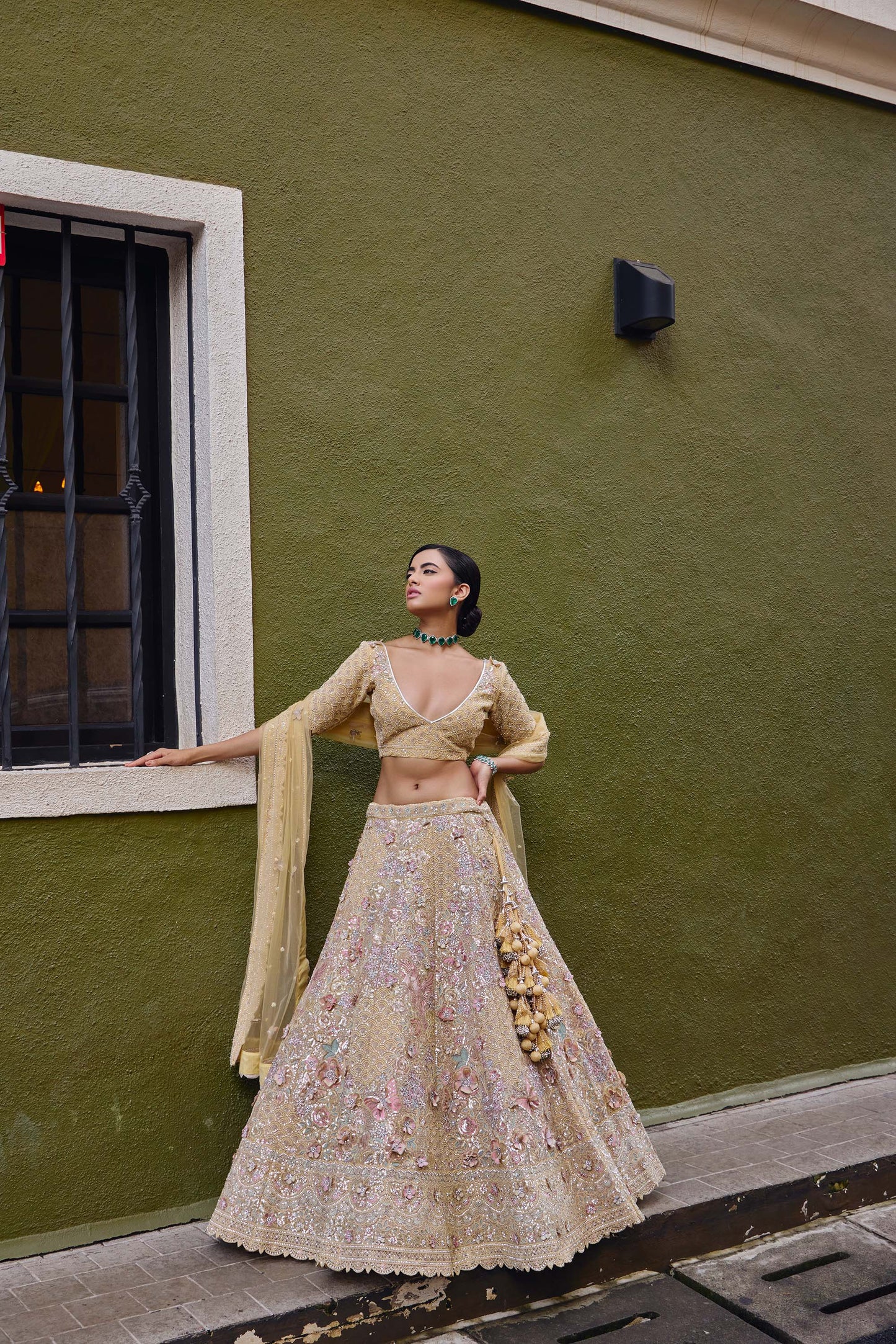Mahavir Machine Embroidered Net Beige Bridal lehenga