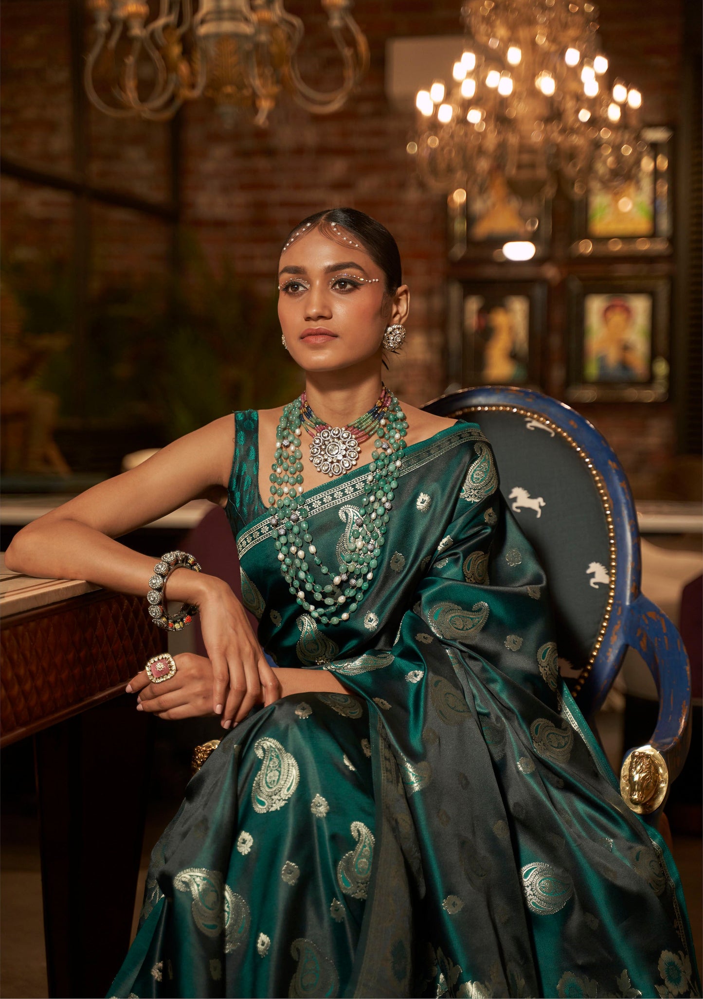 Dark Green Zari Weaving Satin Silk Saree