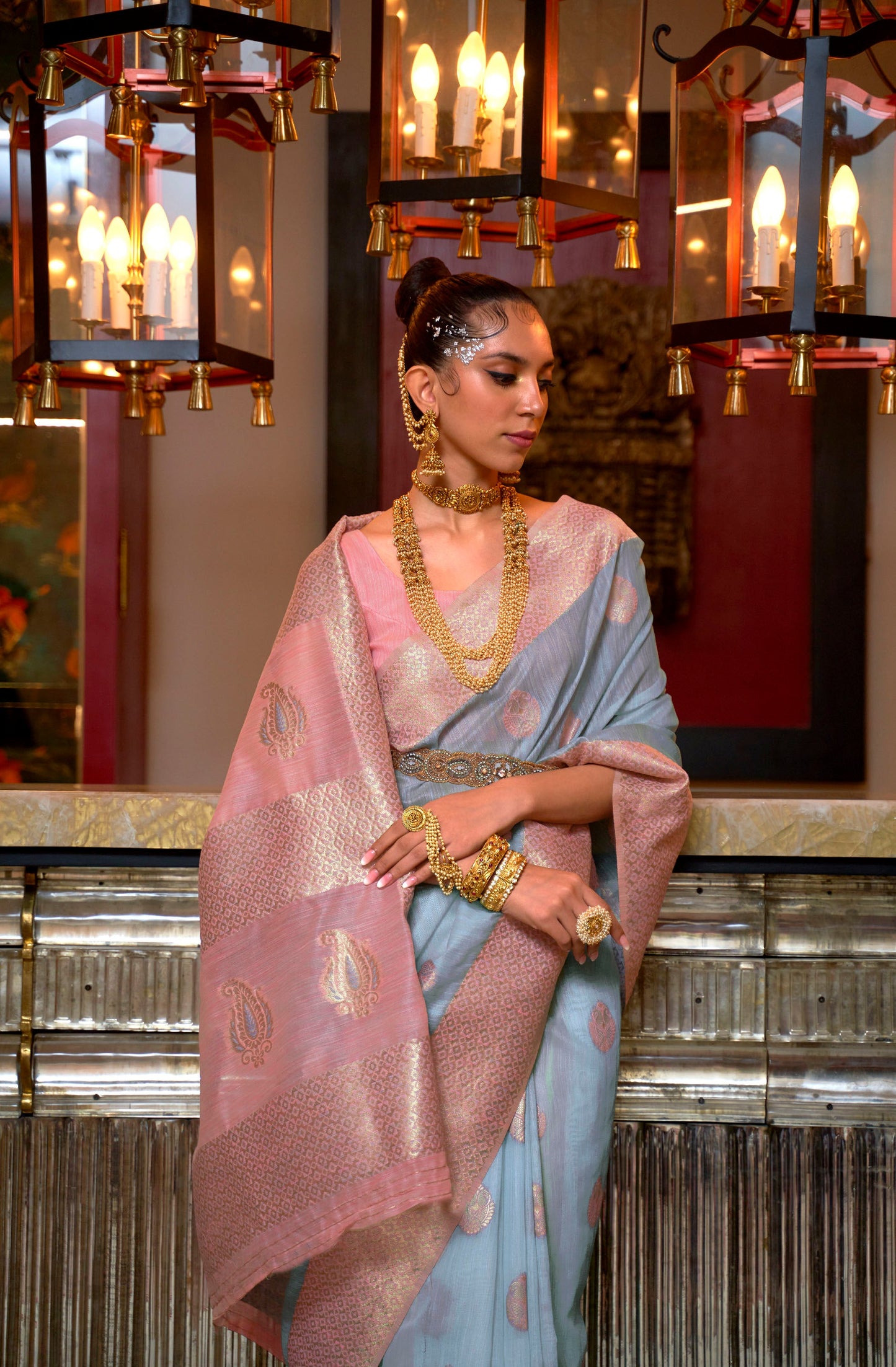 Mist Blue and Pink Linen Silk Woven Saree