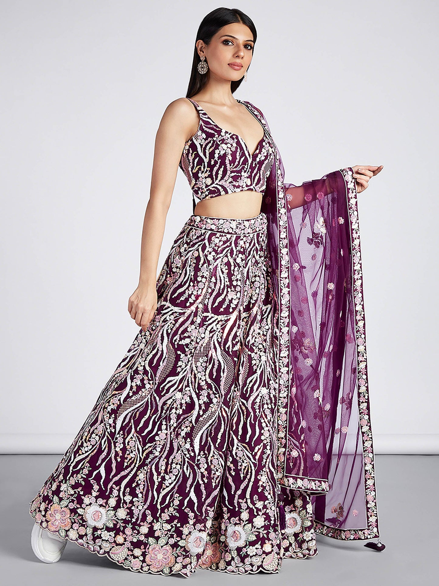 Burgundy Net Sequins and thread embroidery Lehenga choli & Dupatta