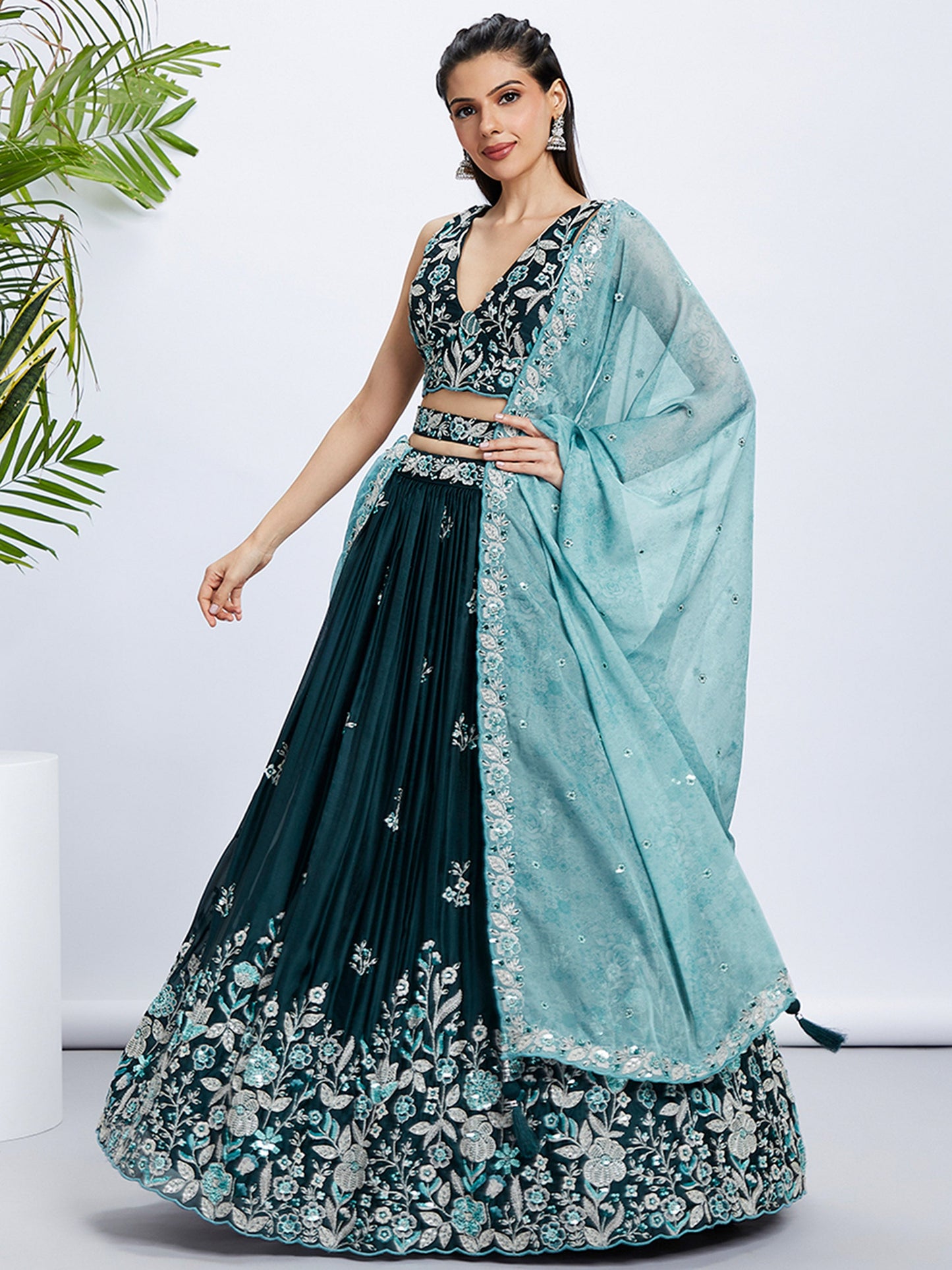 Teal Pure Georgette Sequins and thread embroidery Lehenga