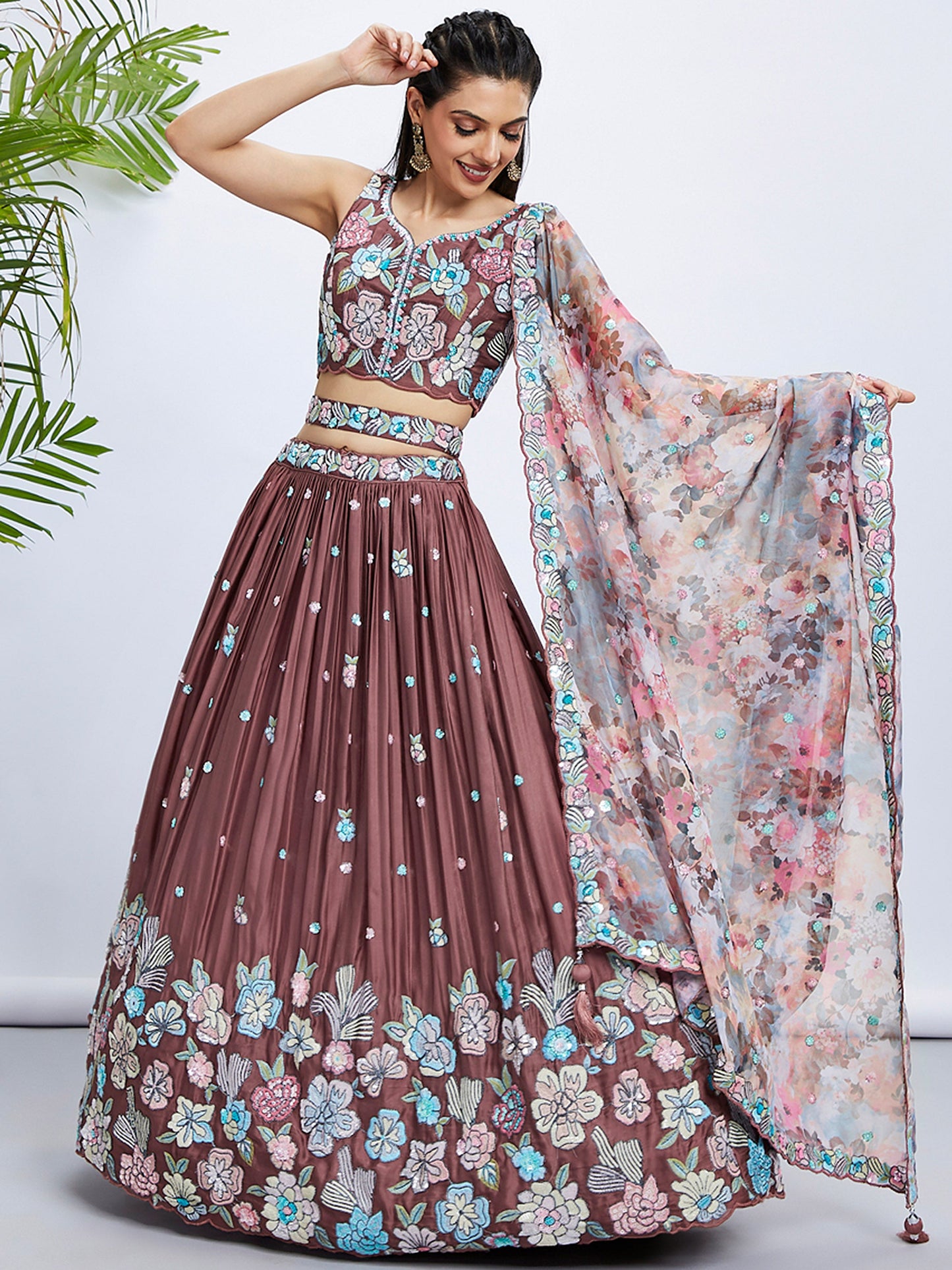 Rose gold Georgette Sequins and thread embroidery Lehenga