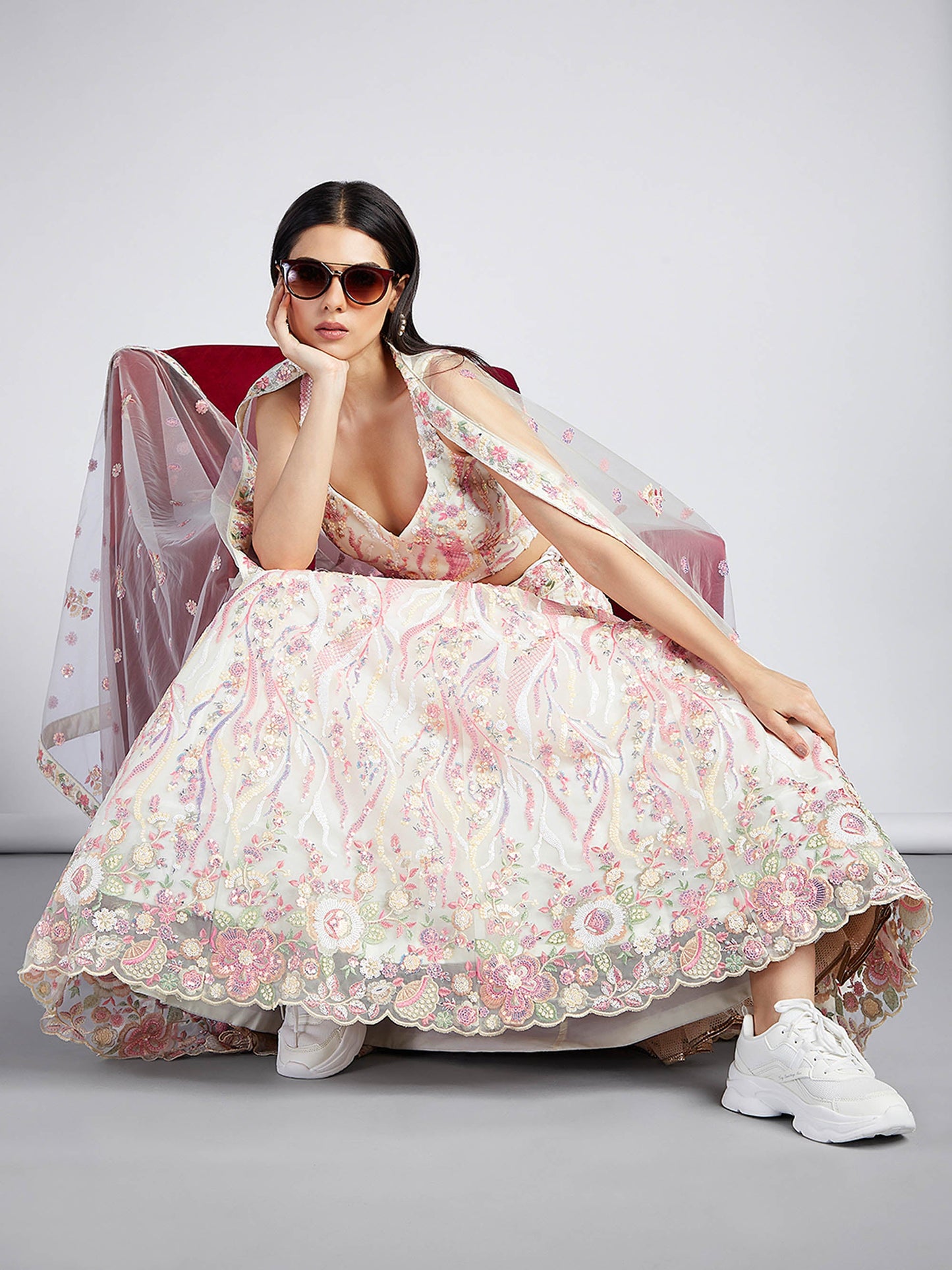 Cream Net Sequins and thread embroidery Lehenga choli & Dupatta