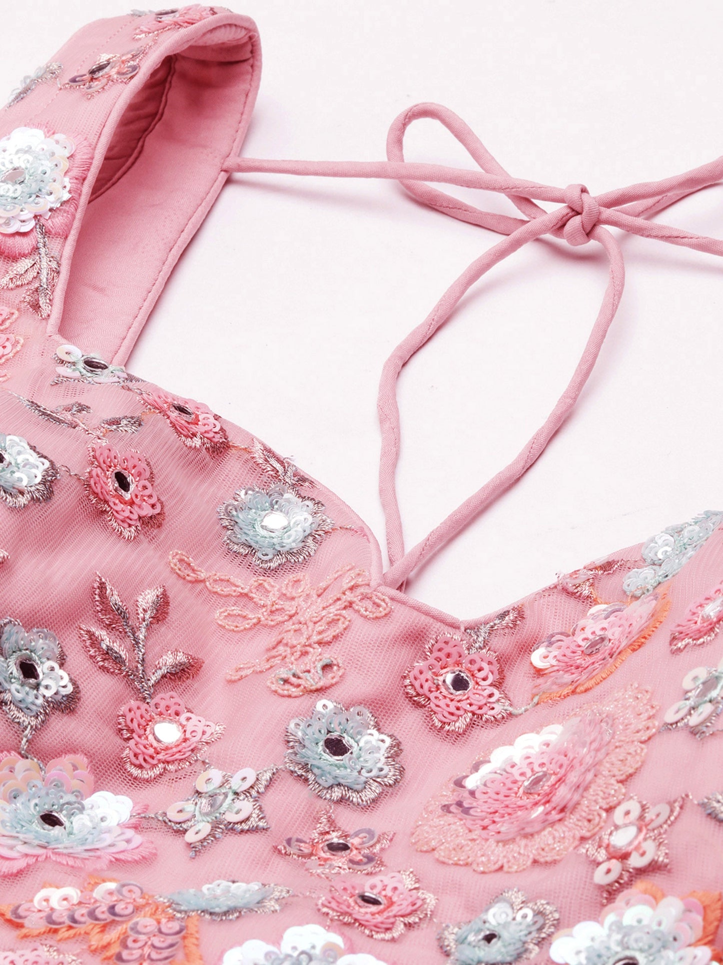 Pink Net Sequins, Mirror and thread embroidery Lehenga