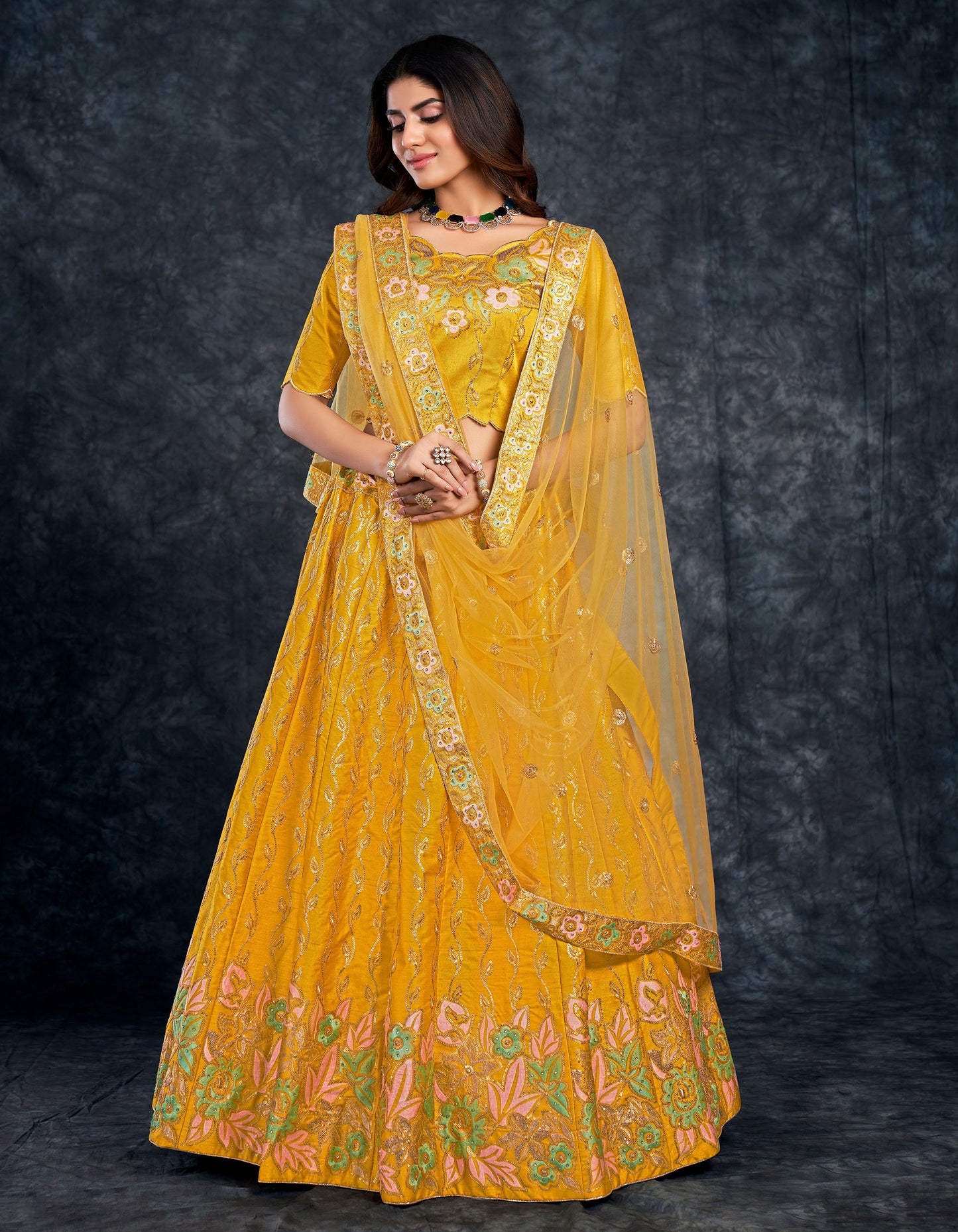 Mustard Yellow Italian Silk Zari Embroidery Bridal Lehenga