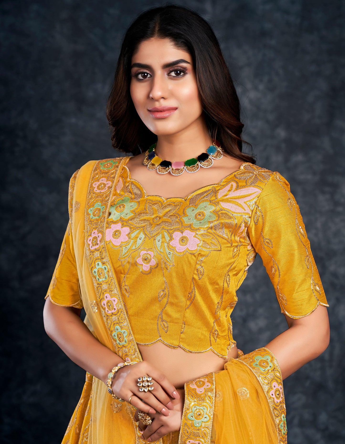 Mustard Yellow Italian Silk Zari Embroidery Bridal Lehenga