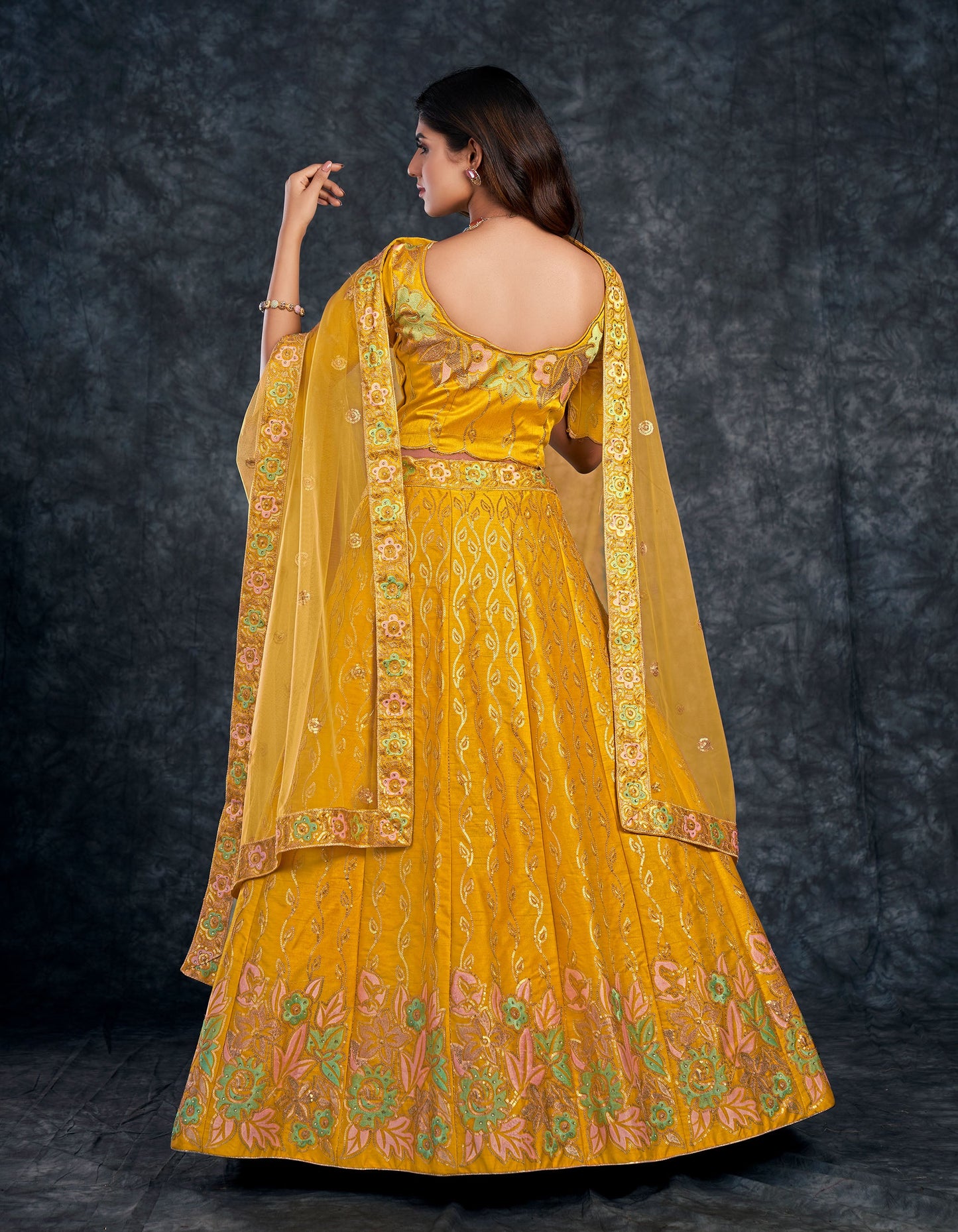 Mustard Yellow Italian Silk Zari Embroidery Bridal Lehenga
