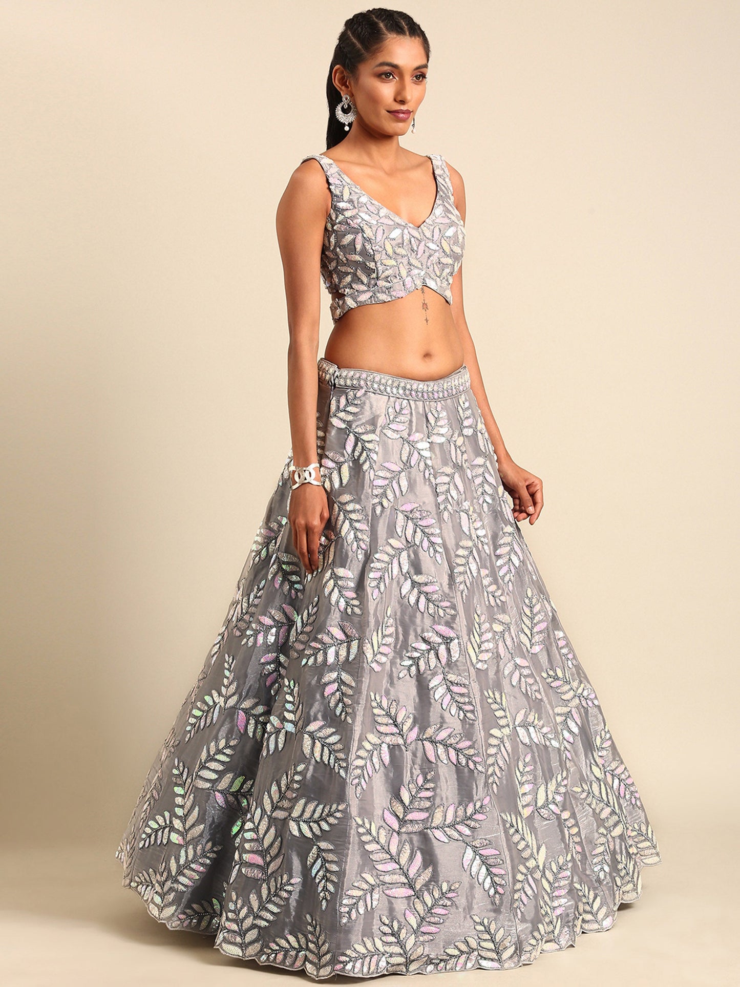 Grey Organza Sequins & Zarkan embroidery Lehenga