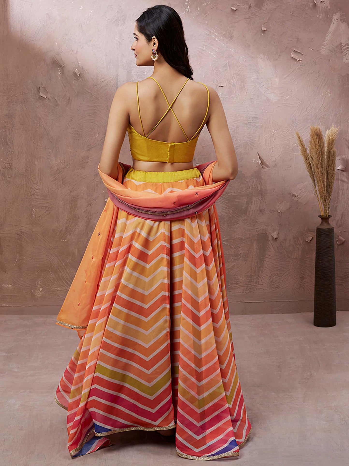 Yellow Organza Leheriya Printed Lehenga choli