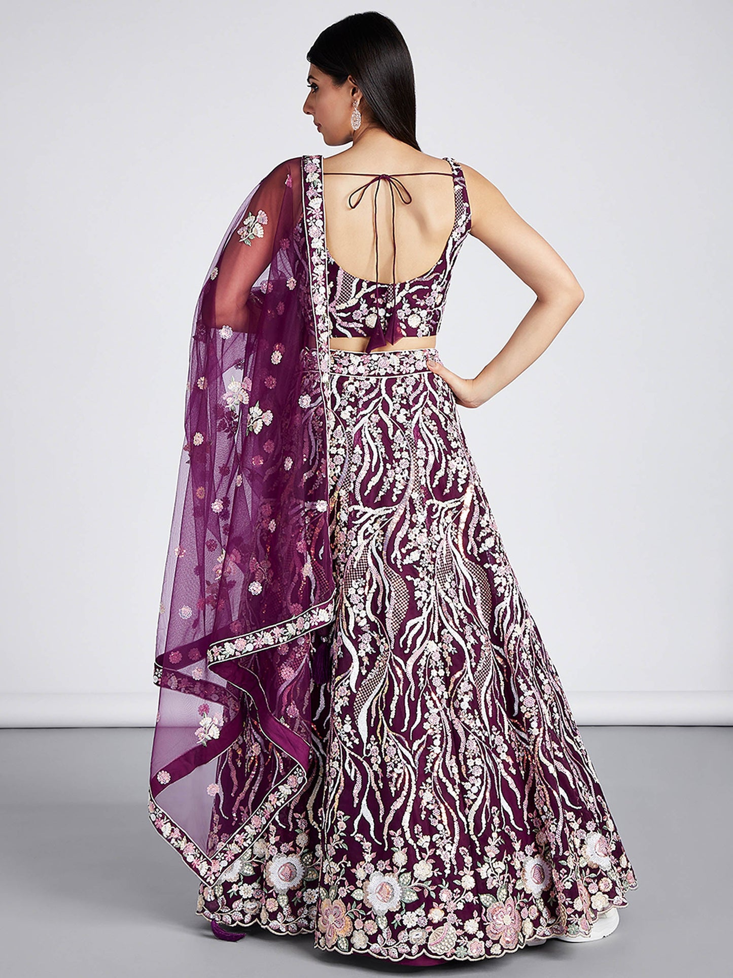 Burgundy Net Sequins and thread embroidery Lehenga choli & Dupatta