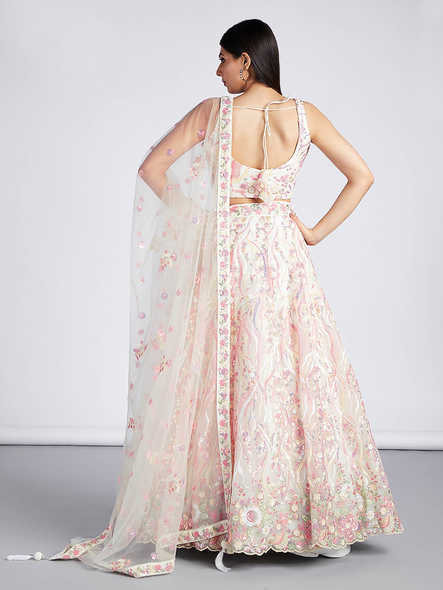 Cream Net Sequins and thread embroidery Lehenga choli & Dupatta