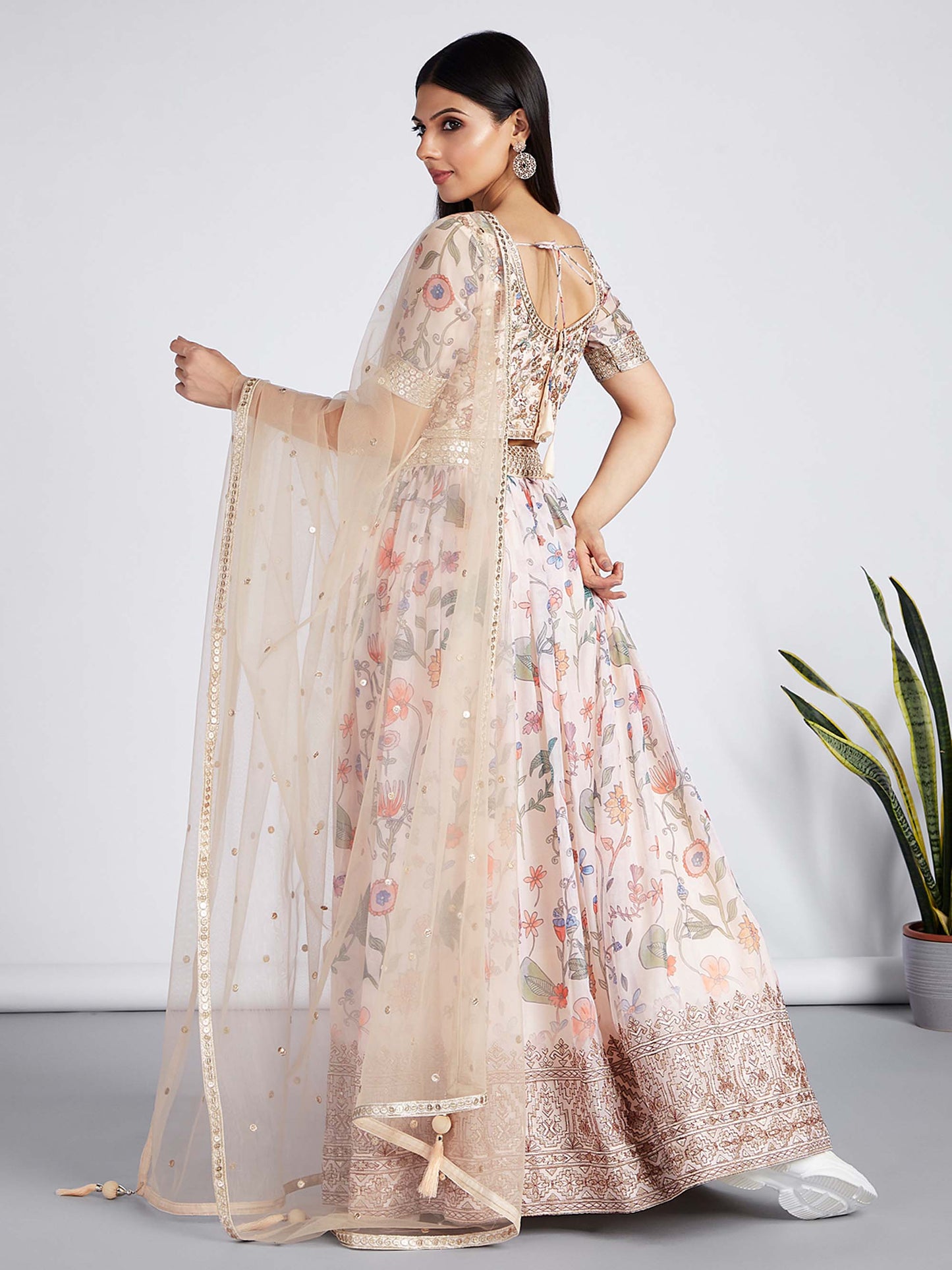 Cream colour Organza Floral design digital print Lehenga