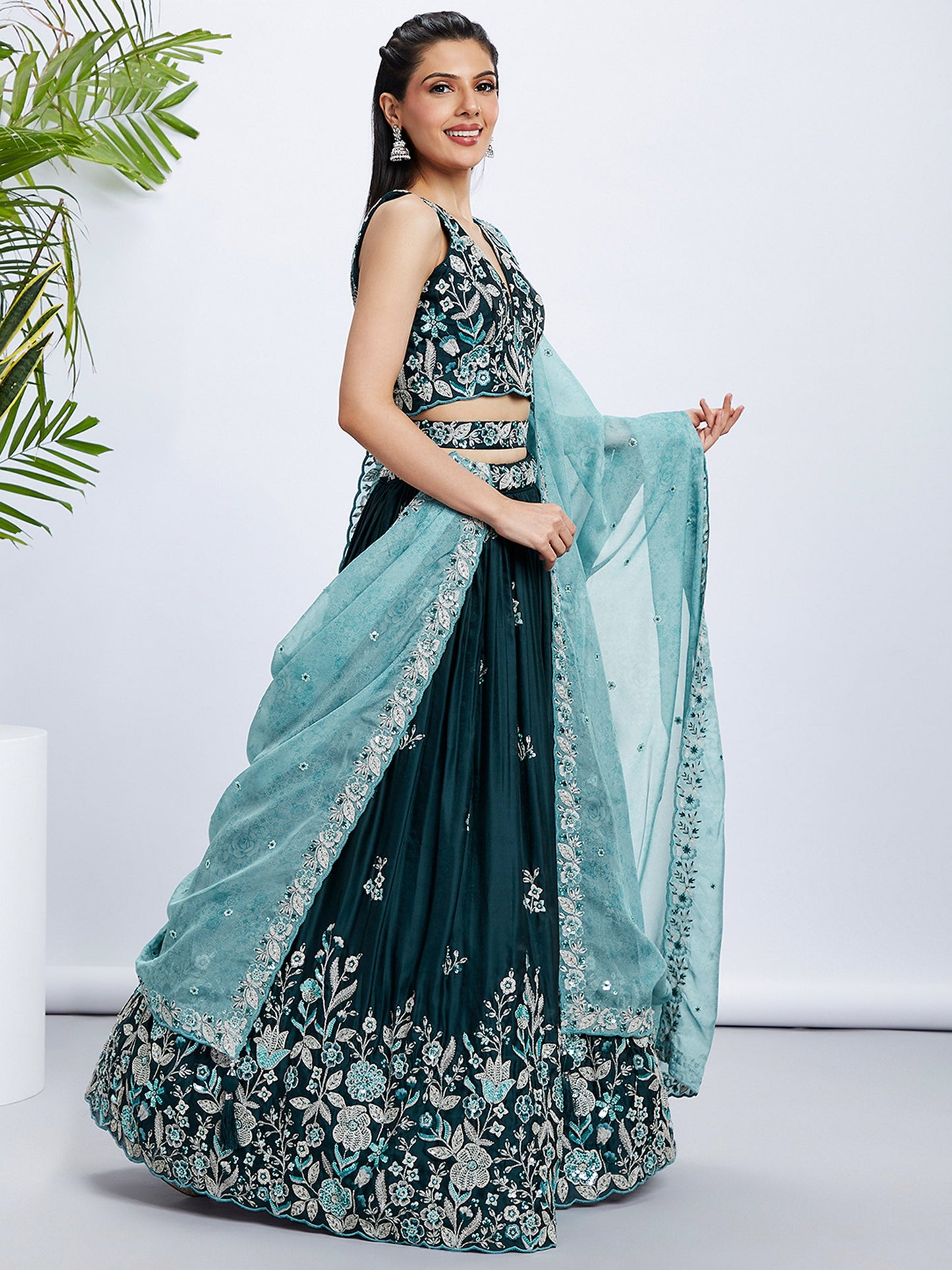 Teal Pure Georgette Sequins and thread embroidery Lehenga