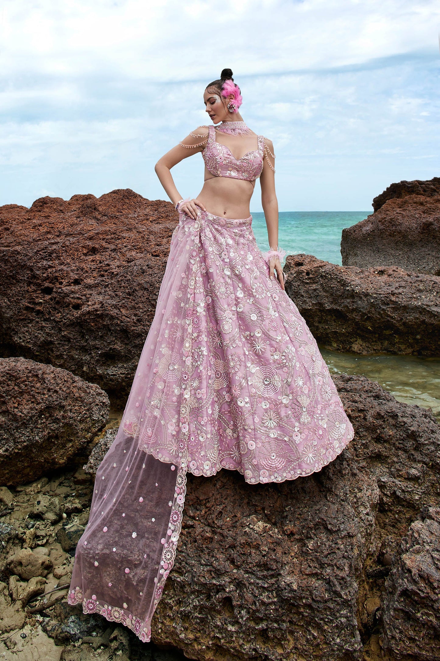 Mauve Organza Sequins, Zarkan and thread embroidery Lehenga