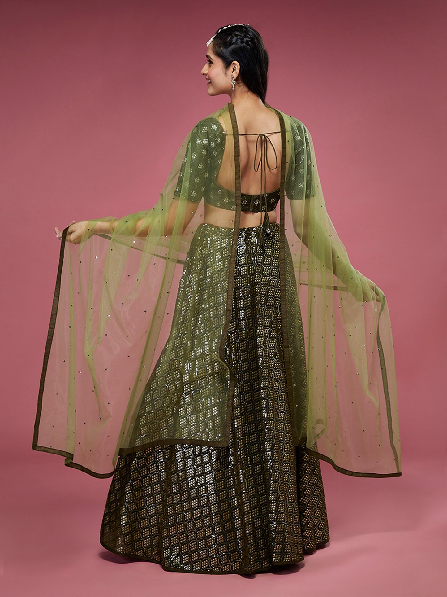 Olive Georgette Sequinse Embroidered Lehenga