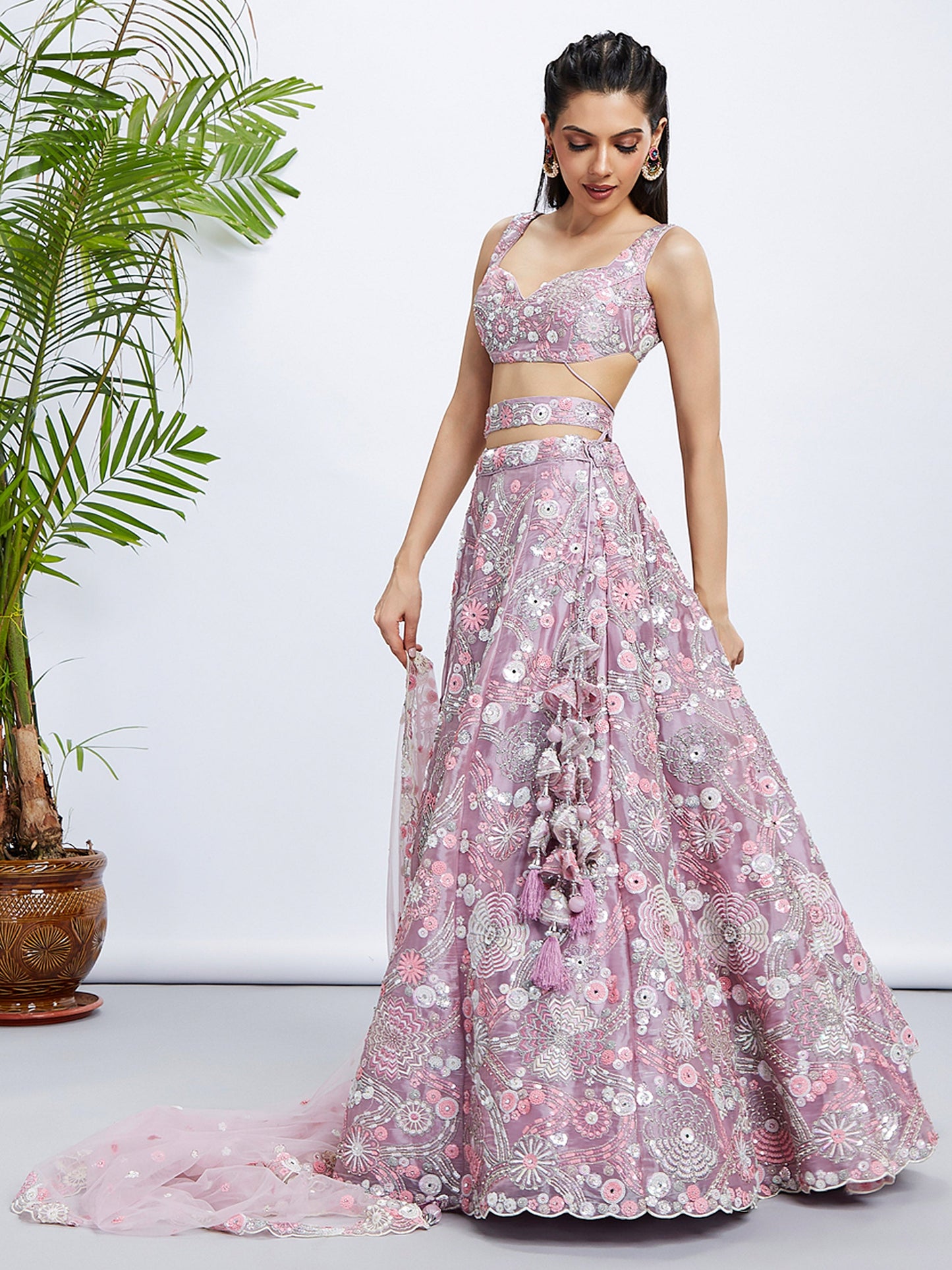 Mauve Organza Sequins, Zarkan and thread embroidery Lehenga